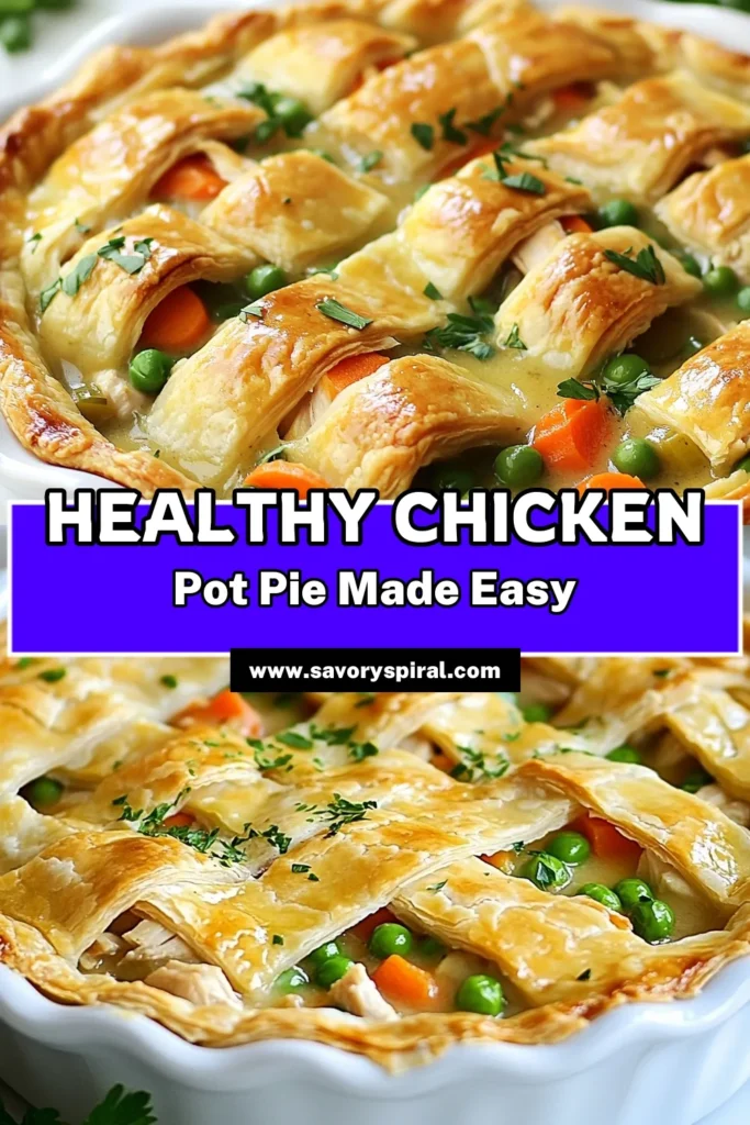 Savor the flavors of a Healthy Chicken Pot Pie with this easy recipe! Packed with lean chicken and vibrant veggies, this low-sodium chicken pot pie uses whole wheat flour for a nutritious twist. Perfect for a wholesome family dinner, our homemade chicken pot pie is a must-try among healthy dinner recipes. Get ready to bake a comforting meal that everyone will love. Save this healthy chicken pot pie recipe for later! #HealthyEating #ChickenPotPie #HealthyRecipes #DinnerIdeas