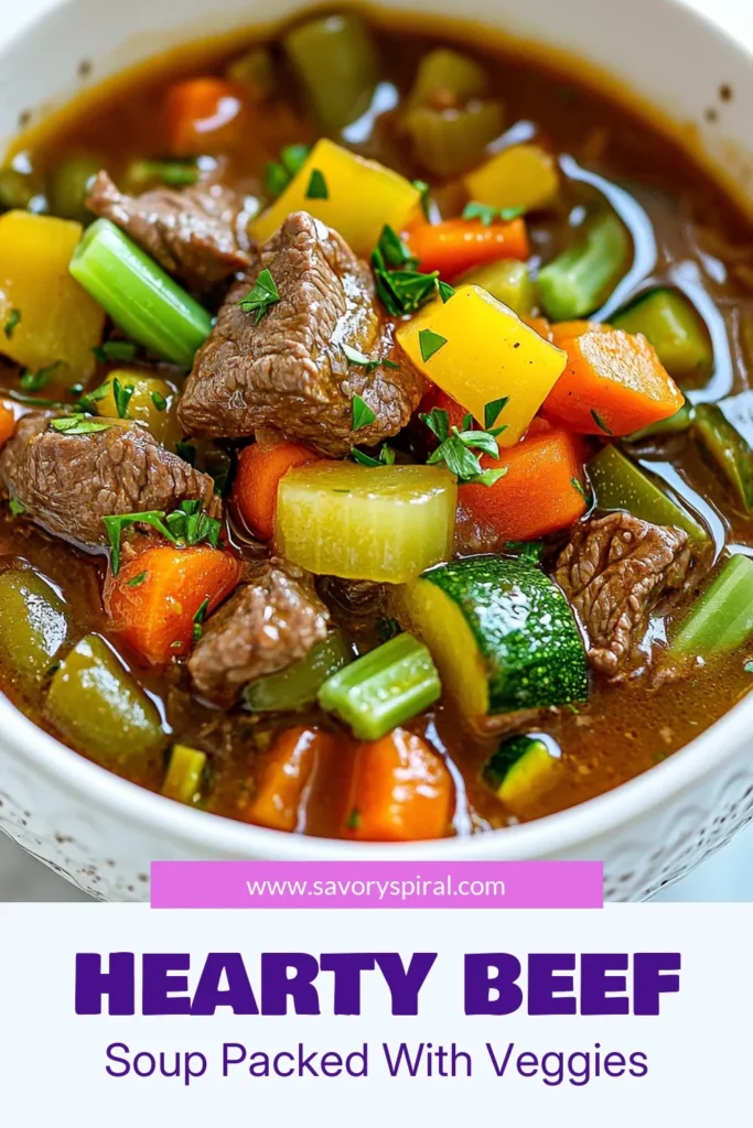 Discover the ultimate hearty beef soup with this delicious beef stew recipe packed with vibrant rainbow veggies! This healthy beef and vegetable soup is not only comforting but also nutritious, making it perfect for any meal. Loaded with tender beef and fresh vegetables, it's a family favorite. Save this easy vegetable soup with beef for your next dinner! #BeefVegetableSoup #HeartyBeefSoup #HealthyCooking #SoupRecipes