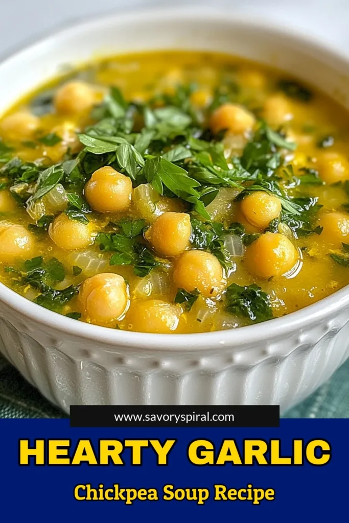 Warm up with this delicious Garlic Chickpea Soup that's not only nourishing but also easy to make! This Vegan Chickpea Soup Recipe combines the goodness of garlic, chickpeas, and fresh vegetables for a creamy and healthy garlic soup. Perfect as an easy vegetable soup for any day, this recipe can be ready in just 40 minutes. Enjoy a cozy bowl of creamy chickpea soup tonight! Save this recipe for your next meal! #VeganSoup #HealthyRecipes #ChickpeaSoup #SoupRecipes