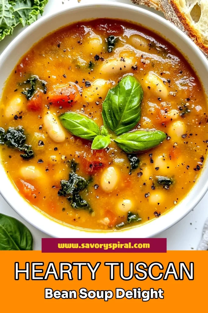 Discover the heartwarming flavors of Tuscan White Bean Soup, a delicious and nutritious vegetarian Italian soup that's sure to please! This healthy bean soup recipe combines white beans, vibrant vegetables, and creamy kale for an easy white bean soup that’s perfect any day of the week. Enjoy this cozy dish with fresh basil and crusty bread. Save this recipe for your next meal! #TuscanWhiteBeanSoup #HealthyBeanSoupRecipe #VegetarianItalianSoup #CreamyKaleSoup