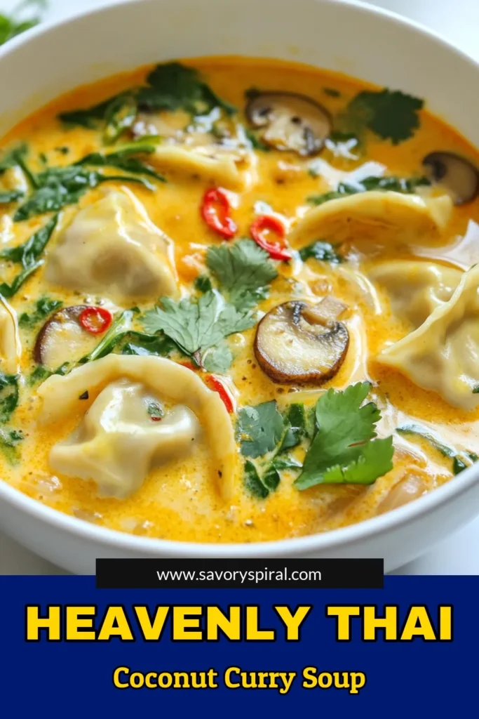 Indulge in a warm and flavorful bowl of Thai Coconut Curry Dumpling Soup. This vegetarian coconut curry recipe features delicious Thai dumplings enveloped in a rich coconut milk soup. Perfect for a cozy dinner, our dumpling soup recipe is easy to make and bursting with authentic tastes. Bring your kitchen to life with this comforting dish. Try it today and savor the deliciousness! Save this recipe for later! #ThaiCoconutCurrySoup #VegetarianCoconutCurry #DumplingSoup #CoconutMilkSoupRecipe
