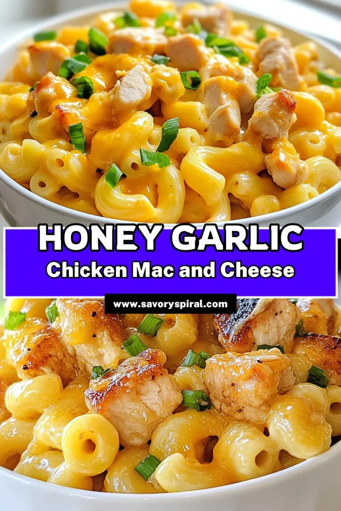 Indulge in the ultimate comfort food with this Honey Garlic Butter Chicken Mac and Cheese recipe! This creamy chicken pasta combines tender chicken, rich cheeses, and a sweet honey garlic sauce for an easy, delicious meal that the whole family will love. Perfect for busy nights, this cheesy chicken macaroni is sure to become a favorite. Try it today and savor the goodness! #ComfortFood #MacAndCheese #EasyRecipes #ChickenDinner