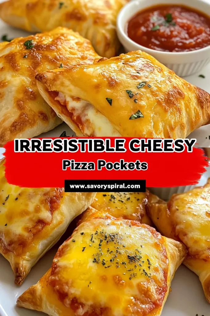 Satisfy your cravings with this cheesy pizza pockets recipe that's perfect for busy weeknights! These homemade pizza pockets are stuffed with ooey-gooey cheese and your favorite toppings. Try this easy pizza pocket recipe for quick meals that everyone will love. Baked pizza pockets with cheese are a guaranteed hit at any gathering. Don’t forget to dip in pizza sauce for extra flavor! Save this recipe for later! #CheesyPizzaPockets #PizzaPockets #EasyRecipes #QuickMeals