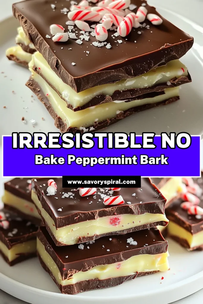 Indulge in the festive delight of No Bake Chocolate Peppermint Bark! This easy recipe combines rich dark and creamy white chocolate with a refreshing peppermint twist, topped with crushed candy canes for that perfect crunch. Perfect for holiday gatherings or as a sweet gift, this no-bake treat is simple to make and delicious to enjoy! Click to explore the full recipe and impress your friends and family with this tasty treat! #NoBakeDesserts #ChocolatePeppermintBark #HolidayRecipes #EasyTreats