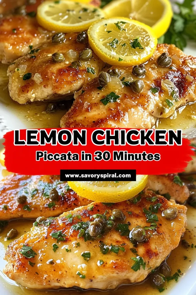 Discover the deliciousness of Lemon Chicken Piccata with this easy chicken piccata recipe! This quick chicken dinner recipe features tender chicken breasts simmered in a tangy lemon sauce with capers, making it a perfect capers chicken dish for busy weeknights. Impress your family and friends with this delightful lemon chicken recipe that's ready in just 30 minutes! Save this recipe now for your next dinner! #LemonChickenPiccata #QuickDinner #EasyRecipes #ChickenDishes