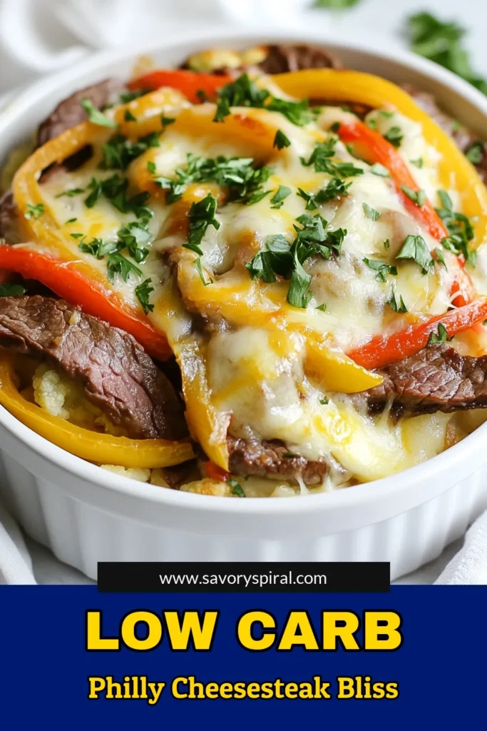 Indulge in this delicious low carb casserole that transforms a classic Philly cheesesteak recipe into a keto-friendly meal! This keto steak casserole features tender flank steak, sautéed onions, and bell peppers, all mixed with cauliflower for a healthy cheesesteak casserole delight. Perfect for weeknight dinners and packed with flavor, this easy dish is a must-try! Save this low carb Philly cheesesteak casserole recipe for later! #LowCarbCasserole #KetoRecipe #HealthyEating #DinnerIdeas