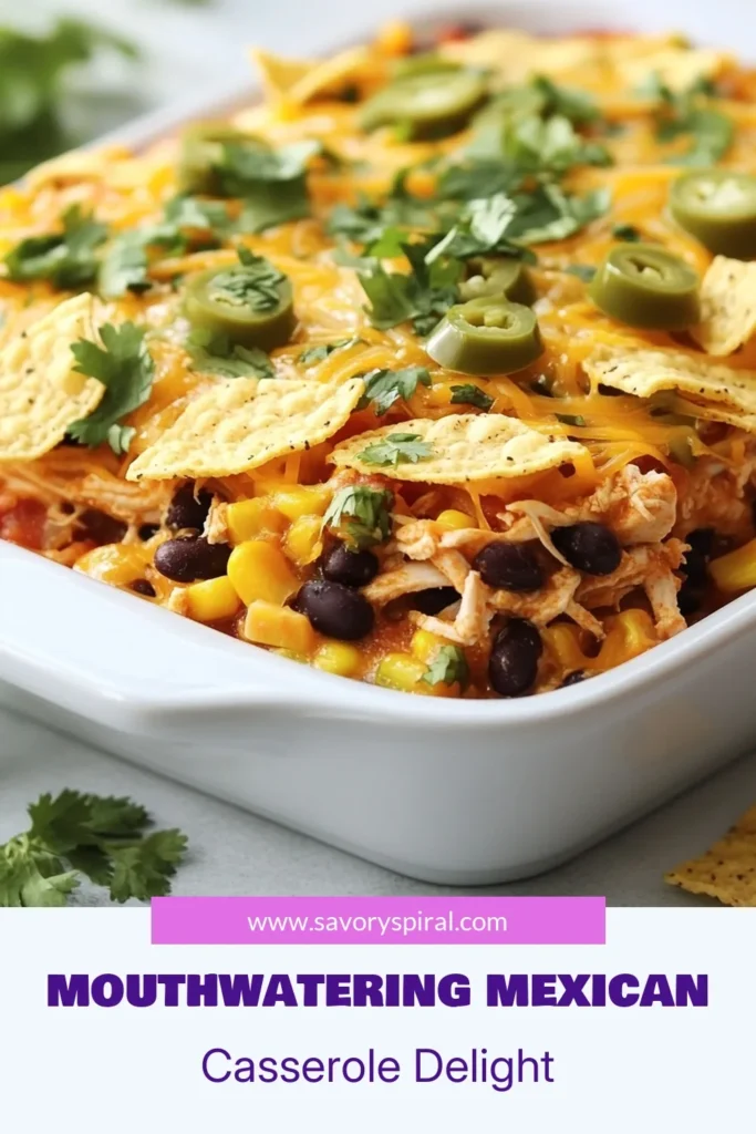 Discover the ultimate Mexican chicken casserole that combines the flavors of baked chicken and cheese with crunchy tortilla chips for a delicious meal. This easy chicken casserole recipe features black beans, corn, and zesty diced tomatoes, making it perfect for weeknight dinners. Your family will love this hearty casserole with black beans! Save this recipe and elevate your dinner game! #MexicanChickenCasserole #EasyChickenCasseroleRecipe #TortillaChipCasserole #DinnerIdeas