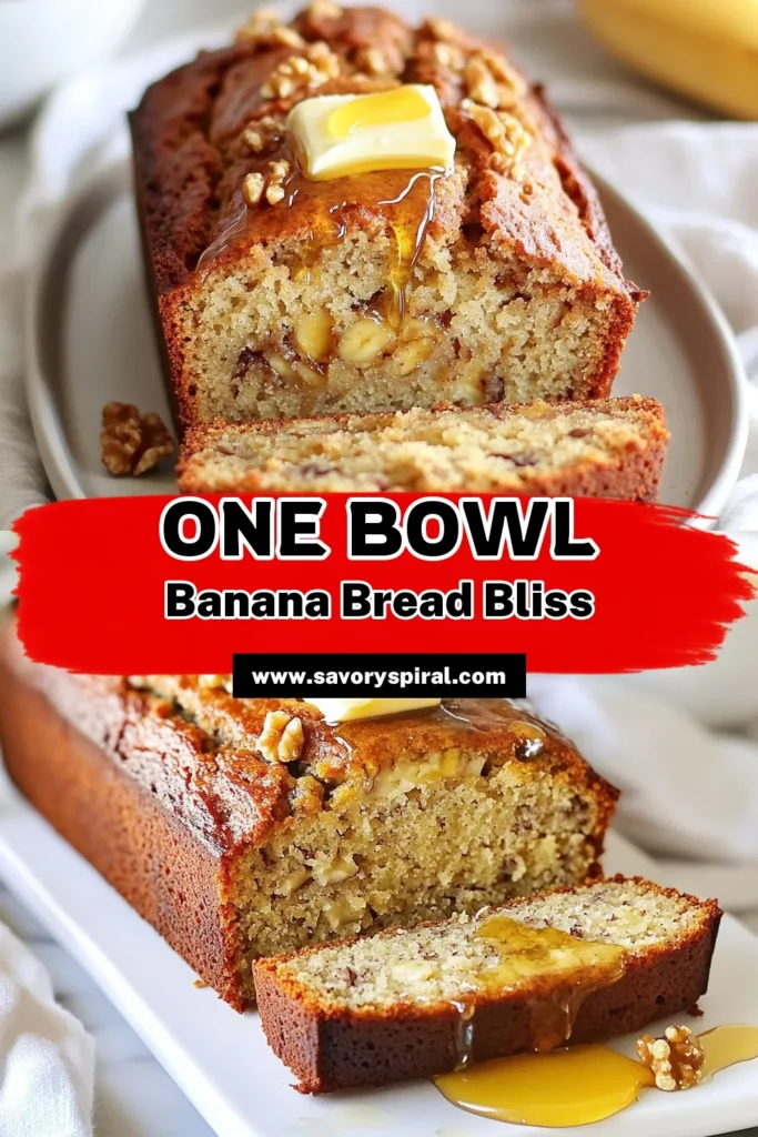 Satisfy your cravings with this one bowl banana bread recipe! This easy banana bread recipe combines ripe bananas and coconut oil for a moist and delicious treat every time. Add walnuts for an extra crunch in your homemade banana bread that’s sure to impress. Perfect for breakfast or snack time, this moist banana bread recipe is simple to make. Save this recipe for a delightful banana bread experience! #BananaBread #Baking #EasyRecipes #ComfortFood