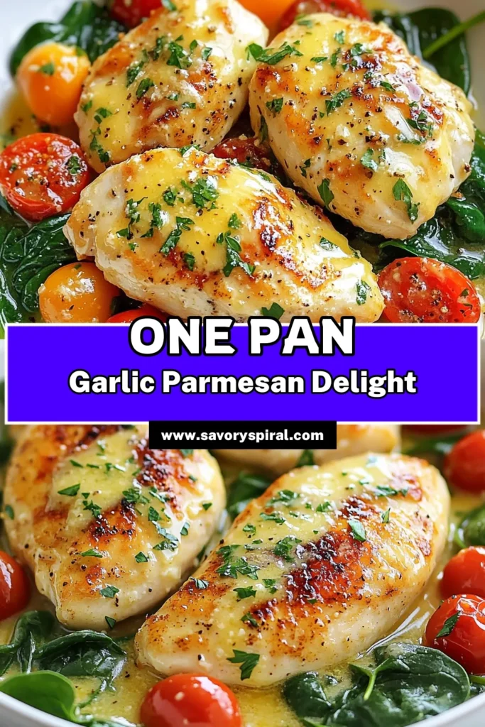 Discover the ultimate One Pan Garlic Parmesan Chicken recipe that's perfect for an Easy Chicken Dinner. This creamy garlic parmesan chicken features tender baked chicken breasts smothered in a rich, flavorful sauce. Ideal for busy weeknights, this one pan chicken recipe is both quick and delicious. Don’t miss out—try this baked chicken breast recipe for a family-friendly feast tonight! Save this recipe for later! #OnePanChicken #EasyDinner #ChickenRecipes #30MinuteMeals