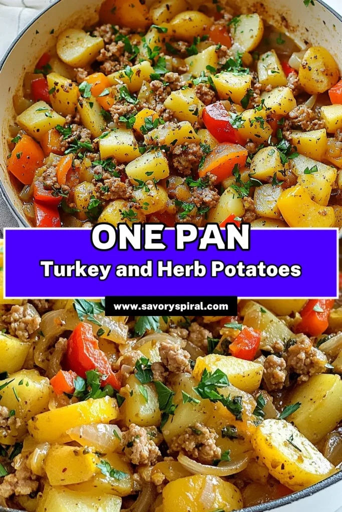 Looking for a delicious one-pan turkey recipe? Try this savory ground turkey skillet dinner that combines herb-infused potatoes with colorful veggies for a healthy twist. This easy turkey and potato meal is perfect for busy evenings and brings rich flavors to your table. Enjoy a hearty, satisfying dish with minimal cleanup. Save this recipe for your next family dinner! #OnePanRecipe #GroundTurkeyDinner #EasyMeal #HealthyEating