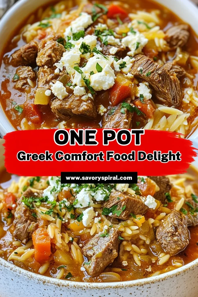 Discover this delicious Greek Giouvetsi recipe, a hearty orzo dish that warms the soul! This traditional Greek comfort food features tender beef or lamb simmered with fresh veggies, flavorful herbs, and creamy feta. Perfect for an easy Greek dinner recipe, it's a family favorite you'll enjoy making. Dive into a bowl of Greek Giouvetsi tonight and savor the flavors of Greece! Save this recipe for your next meal. #GreekGiouvetsi #ComfortFood #OrzoRecipe #EasyDinnerRecipe