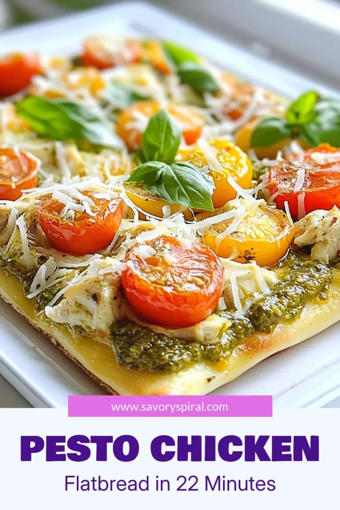Looking for a delicious twist on dinner? Try this Pesto Chicken Flatbread! This easy flatbread recipe combines shredded chicken, homemade pesto, fresh mozzarella, and cherry tomatoes for a quick dinner that's bursting with flavor. Perfect for busy weeknights or gatherings, you'll love how simple and satisfying this Chicken Pesto Pizza is. Don't miss out—save this quick dinner recipe for your next meal! #PestoChickenFlatbread #EasyFlatbreadRecipe #ChickenPestoPizza #QuickDinnerRecipes