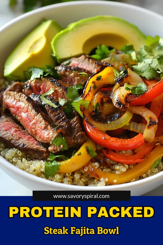Discover the ultimate high protein steak fajita bowl that's both delicious and satisfying! This quinoa fajita bowl recipe features juicy flank steak fajitas mixed with bell peppers and onions, perfect for a healthy steak bowl option. It's low-carb and packed with flavor. Try this recipe for a quick weeknight dinner that nourishes and delights. Save this healthy recipe today! #HighProteinSteakFajitaBowl #QuinoaFajitaBowlRecipe #HealthySteakBowl #LowCarbFajitaBowl