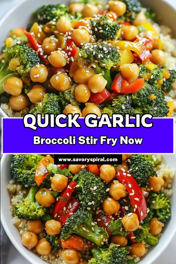 Discover the delicious Garlic Broccoli Chickpea Stir Fry, an effortless vegan stir fry recipe packed with flavor and nutrients! This healthy chickpea recipe is quick to prepare, making it a perfect choice for busy weeknight dinners. Enjoy a gluten-free stir fry that combines vibrant broccoli and protein-rich chickpeas, perfect served over quinoa or rice. Try this recipe today and elevate your meal prep! #VeganRecipes #GlutenFree #HealthyEating #StirFryRecipes