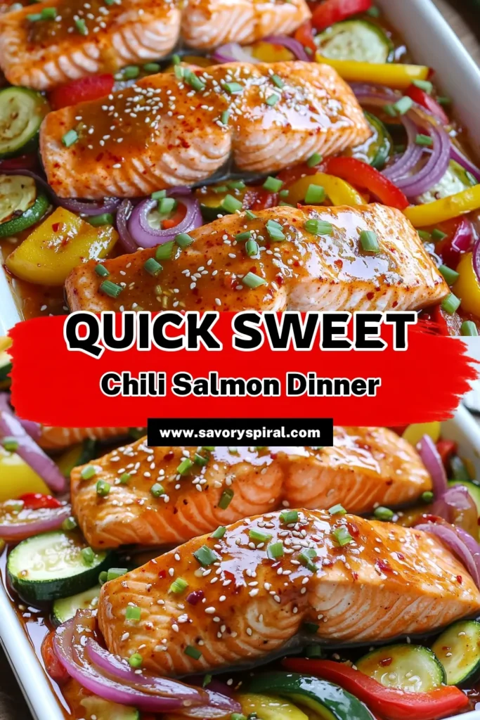 Savor the flavor of this Sheet Pan Sweet Chili Salmon that’s perfect for busy weeknights! With tender salmon fillets drizzled in a zesty sweet chili marinade, paired with vibrant veggies like bell peppers and zucchini, this easy recipe is ready in just 30 minutes. Click through to explore this delicious and healthy dish that brings excitement to your dinner table! #SheetPanSalmon #HealthyRecipes #EasyDinners #SalmonRecipes