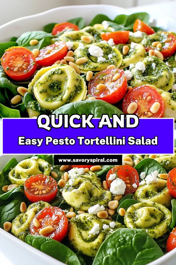 Whip up a delicious and refreshing Minute Pesto Tortellini Salad in just 20 minutes! This vibrant dish combines tender tortellini, juicy cherry tomatoes, fresh spinach, and a creamy pesto dressing, perfect for warm weather meals or quick lunches. With a touch of feta and toasted pine nuts, this salad is both nutritious and tasty. Click through to get the full recipe and make your mealtime delightful! #PastaSalad #HealthyRecipes #QuickMeals #PestoTortellini