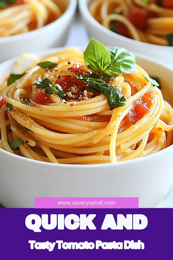 Whip up a delicious Quick Tomato Basil Pasta in just 20 minutes! This easy pasta recipe features spaghetti tossed in a flavorful tomato basil sauce, making it the perfect choice for fast dinner ideas and weeknight meals. Serve with grated Parmesan cheese for a delightful finish. Save this Tomato Basil Spaghetti recipe for those busy nights when you crave something hearty yet quick. Enjoy simple cooking with maximum flavor! #EasyPastaRecipes #FastDinnerIdeas #WeeknightMeals #TomatoBasilSpaghetti