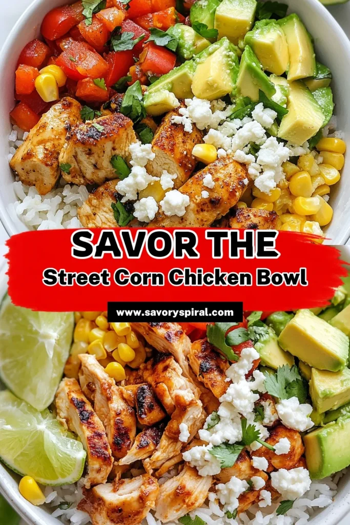 Craving something delicious? Try this Street Corn Chicken Rice Bowl! This healthy chicken bowl recipe features fluffy jasmine rice paired with seasoned chicken, fresh corn, and vibrant vegetables. It's the ultimate Mexican chicken rice bowl, perfect for a quick meal. Enjoy this easy corn and chicken recipe that's ready in just 35 minutes. Don't forget to save this recipe for a flavorful weeknight dinner! #StreetCornChickenRiceBowl #HealthyRecipes #EasyDinner #MexicanCuisine