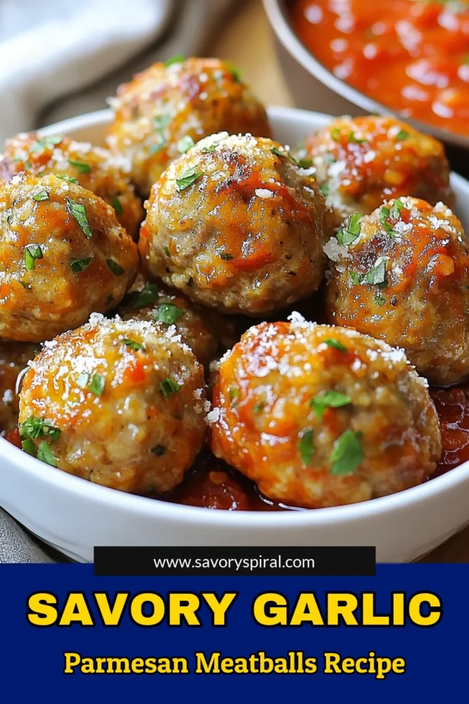 Indulge in these delicious Garlic Parmesan meatballs, a perfect easy meatball recipe for any occasion! Made with ground beef, breadcrumbs, and flavorful garlic, these baked meatballs with marinara are a family favorite. Enjoy Italian meatballs with garlic that are tender on the inside and crispy on the outside. Try this ground beef meatball recipe tonight! Save for later! #GarlicParmesanMeatballs #EasyMeatballRecipe #BakedMeatballs #ItalianMeatballs