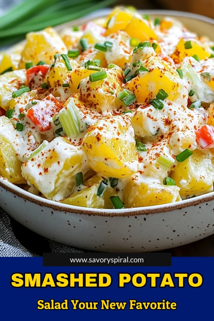 Discover a delightful smashed potato salad recipe that's perfect for any gathering! This healthy potato salad features creamy Greek yogurt, making it a nutritious alternative. With easy potato salad with eggs, fresh veggies, and a zesty dressing, it’s a hit at picnics! Try loaded smashed potatoes for maximum flavor. Save this recipe for your next meal prep and impress everyone. #PotatoSalad #HealthyRecipes #EggSalad #SmashedPotatoes