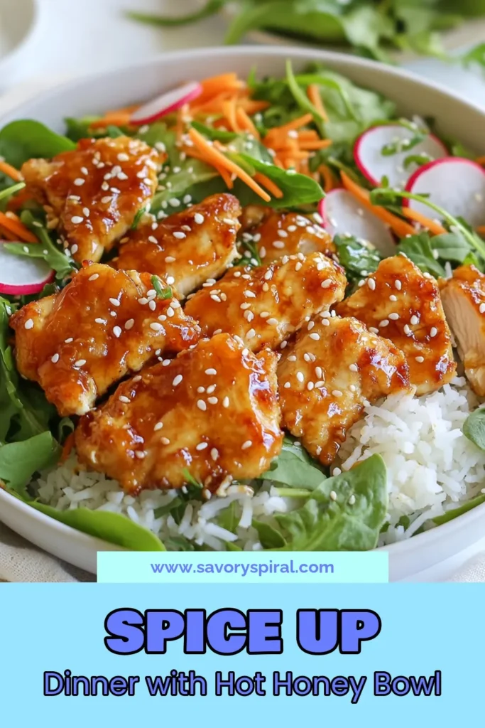 Discover the ultimate hot honey chicken recipe with this spicy honey chicken bowl that's perfect for an easy chicken dinner. Crispy buttermilk fried chicken is drizzled with delicious hot honey, served over fluffy chicken rice bowl topped with fresh greens and colorful veggies. Perfect for meal prep or a quick weeknight feast. Click to save this recipe and elevate your dinner game! #HotHoneyChicken #ChickenRiceBowl #SpicyHoneyChicken #EasyChickenDinner