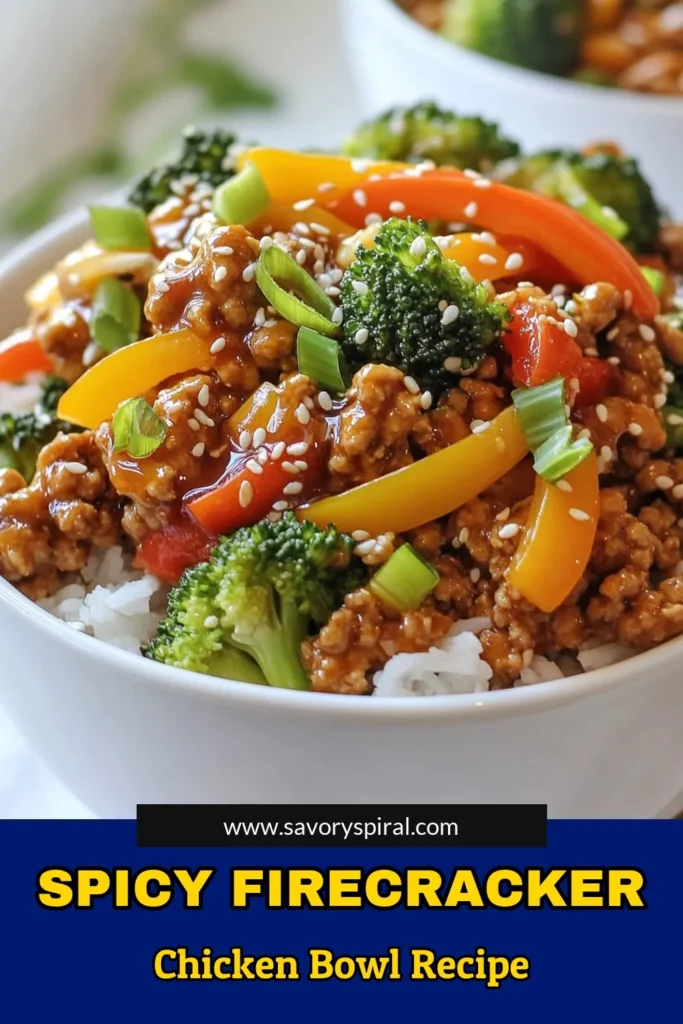 Savor a delicious and easy meal with this Firecracker Ground Chicken Bowl! This quick chicken dinner is packed with flavors in a healthy chicken bowl. Combining ground chicken, fresh veggies, and a spicy chicken stir-fry sauce, it's perfect for a busy weeknight. Prepare this ground chicken recipe in just 25 minutes and impress your family with its vibrant taste. Try it today and spice up your dinner! #FirecrackerGroundChickenBowl #HealthyChickenBowl #GroundChickenRecipe #QuickDinner