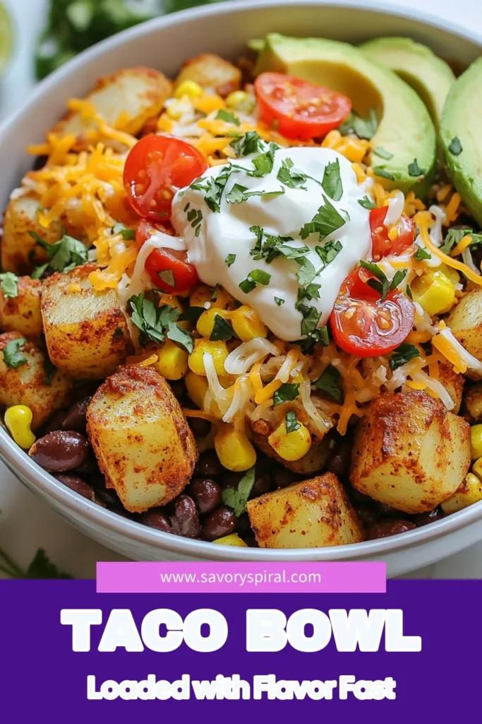 Discover the ultimate Loaded Potato Taco Bowl, a delicious twist for your dinner table! These loaded potato bowl recipes combine crispy baked potatoes with vibrant toppings like black beans, corn, tomatoes, and avocado, making it a great vegetarian taco bowl option. Perfect for an easy dinner recipe that the whole family will love. Try these taco bowl ideas tonight and enjoy a flavor-packed meal! Save this recipe for later! #LoadedPotatoBowl #TacoBowlIdeas #VegetarianRecipes #EasyDinnerRecipes