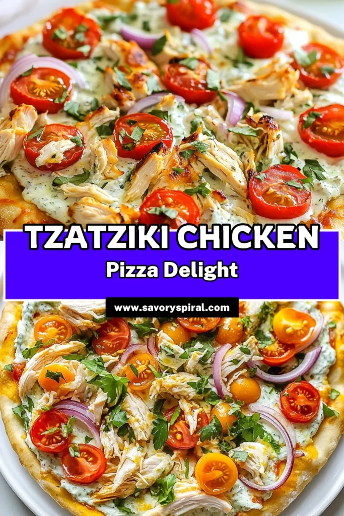 Indulge in this delicious Tzatziki Chicken Pizza, a twist on classic pizza that's packed with flavor and nutrition. This easy chicken pizza features a creamy homemade tzatziki sauce made from Greek yogurt, perfect for health-conscious foodies. With fresh toppings like cherry tomatoes and red onions, this healthy pizza recipe is a must-try! Get the full recipe and elevate your dinner game tonight. Save for later! #TzatzikiChickenPizza #GreekYogurtPizzaRecipe #EasyChickenPizza #HealthyPizzaRecipes
