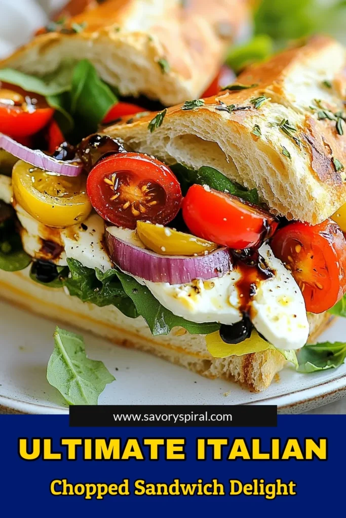 Experience the flavors of Italy with this delicious Italian chopped sandwich! Made with a ciabatta bread recipe that offers the perfect crunch, this easy Italian sandwich is packed with fresh mixed greens, colorful veggies, and creamy mozzarella for a satisfying bite. Perfect for lunch or a light dinner, this Mediterranean sandwich recipe will become a favorite. Try it today and elevate your meal! Save this recipe for later! #ItalianChoppedSandwich #EasyItalianSandwich #MediterraneanSandwich #CiabattaBreadRecipe
