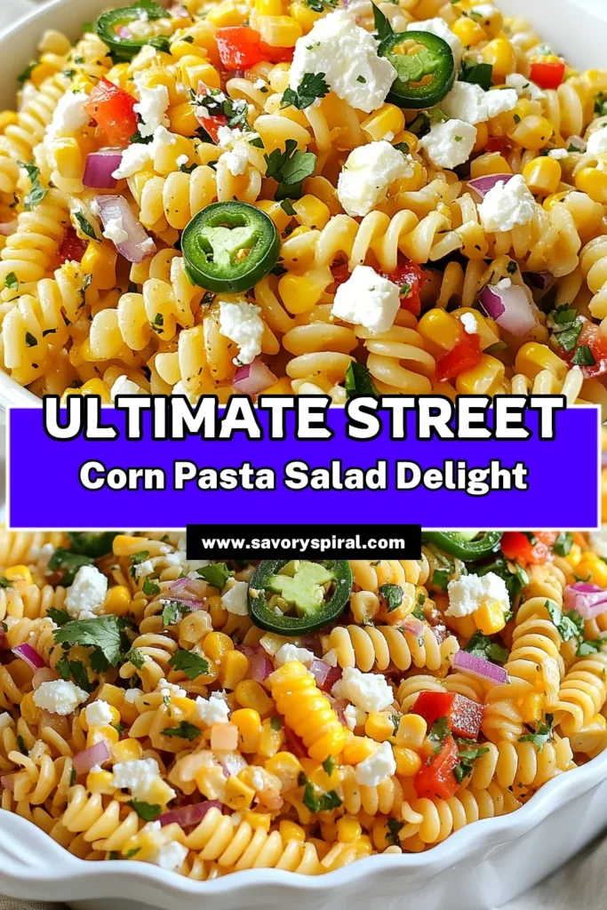 Looking for a refreshing summer pasta salad recipe? Try this Street Corn Pasta Salad! Easy to make, this salad features tender rotini, sweet corn, red bell pepper, and crumbled feta for a delightful twist. Perfect as a healthy cold pasta salad for gatherings or picnics, this easy pasta salad with corn will impress your guests. Ready in just 30 minutes, it's a must-try! Save this recipe for your next meal! #StreetCornPastaSalad #SummerSalad #PastaRecipes #HealthyEating
