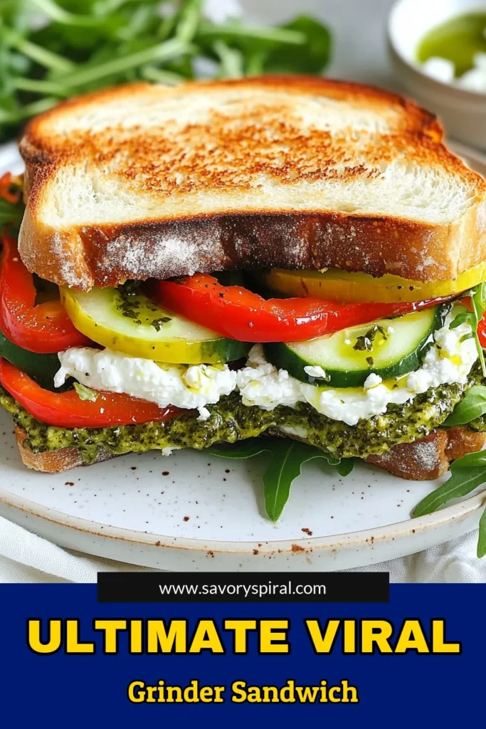 Discover the deliciousness of the Viral Grinder Sandwich! This easy vegetarian sandwich features a perfect blend of cream cheese, pesto, and roasted red peppers, all nestled between slices of crusty sourdough. Elevate your lunch with this mouthwatering Sourdough Sandwich Recipe that’s easy to make at home. Try this Cream Cheese Pesto Sandwich today and enjoy a delightful meal. Save this recipe for later! #ViralGrinderSandwich #SourdoughSandwichRecipe #EasyVegetarianSandwich #RoastedRedPepperSandwich