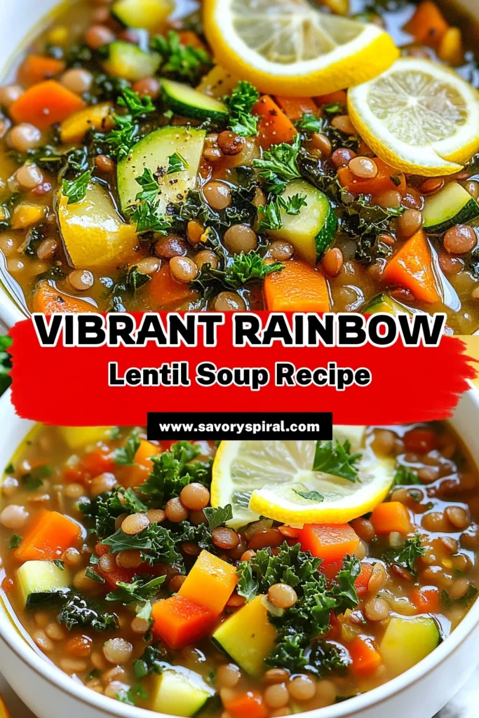 Savor the delightful flavors of this rainbow lentil soup, a wholesome and colorful vegetable soup that's perfect for any meal. Our easy vegetarian soup recipe combines healthy lentils and vibrant veggies for a nutritious dish that's quick to make. Enjoy a comforting bowl of vegetable lentil soup that's as nourishing as it is delicious. Try it today and brighten your table! Save this recipe for later! #LentilSoup #VegetarianRecipes #HealthyEating #SoupSeason
