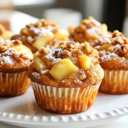 To make the muffins, gather these items: - 2 cups all-purpose flour - 1 cup sugar - 1 tablespoon baking powder - 1 teaspoon baking soda - 1 teaspoon ground cinnamon - 1/2 teaspoon salt - 1/2 cup unsalted butter, melted - 1 cup buttermilk (or milk with 1 tablespoon vinegar) - 2 large eggs - 2 cups apples, peeled and diced (about 2 medium apples) For the crumble topping, you will need: - 1/2 cup brown sugar - 1/3 cup all-purpose flour - 1 teaspoon ground cinnamon - 1/4 cup unsalted butter, softened If you want a crunch, add: - 1/2 cup walnuts or pecans, chopped (optional) These ingredients bring the perfect mix of flavors and textures. The apples give moisture, while the crumble adds a sweet crunch. Feel free to mix in your favorite nuts for extra flavor! {{ingredient_image_1}} First, set your oven to 375°F (190°C). This heat makes the muffins rise nicely. Line a muffin tin with paper liners or grease it lightly. This step helps the muffins come out easily after baking. In a large bowl, whisk together 2 cups of all-purpose flour, 1 cup of sugar, 1 tablespoon of baking powder, 1 teaspoon of baking soda, 1 teaspoon of ground cinnamon, and 1/2 teaspoon of salt. This blend forms a great base for your muffins. In another bowl, mix 1/2 cup of melted unsalted butter, 1 cup of buttermilk, and 2 large eggs. Stir until everything blends well. This mixture adds moisture and richness to the muffins. Slowly add the wet ingredients to the dry ones. Stir gently until just combined. Avoid over-mixing; this keeps the muffins light and fluffy. Next, fold in 2 cups of peeled and diced apples and 1/2 cup of chopped walnuts or pecans if you like. This step adds flavor and texture to each muffin, making them even more delicious. In a small bowl, mix 1/2 cup of brown sugar, 1/3 cup of all-purpose flour, 1 teaspoon of ground cinnamon, and 1/4 cup of softened butter. Use a fork to blend until the mixture is crumbly. This topping gives the muffins a sweet crunch. Spoon the muffin batter into the prepared muffin tin, filling each cup about 3/4 full. Then, sprinkle the crumble topping generously over each muffin. This extra layer adds a delightful crunch. Place the muffin tin in the oven and bake for 18-22 minutes. A toothpick should come out clean when inserted into the center. Allow the muffins to cool in the pan for about 5 minutes. Then, transfer them to a wire rack to cool completely. Enjoy the sweet aroma filling your kitchen! For great muffin texture, mix dry and wet ingredients separately. This helps avoid over-mixing. Over-mixing makes muffins tough. Stir just until you see no dry flour. Your batter should be lumpy, not smooth. Also, use room temperature eggs. They blend better, giving a soft texture. To keep your muffins moist, add apples while folding in the batter. Apples release moisture as they bake. Use buttermilk or milk with vinegar for a richer taste. Avoid baking too long. Check for doneness a few minutes early. A toothpick should come out clean, not wet. Serve your muffins warm for the best taste. Dust with powdered sugar for a nice look. Pair them with whipped cream for a treat. A scoop of vanilla ice cream adds extra joy. Enjoy them with a cup of coffee or tea for a cozy snack. Pro Tips Use Fresh Apples: For the best flavor and texture, opt for fresh, tart apples like Granny Smith that hold their shape during baking. Don’t Overmix: Mix the wet and dry ingredients until just combined to keep the muffins light and fluffy; overmixing can lead to dense muffins. Customize Your Nuts: Feel free to swap walnuts or pecans with your favorite nuts or leave them out entirely for a nut-free version. Storage Tips: Keep leftover muffins in an airtight container at room temperature for up to 3 days, or freeze for longer storage. {{image_2}} You can switch up the apples for other fruits. Pears work great in this recipe. They add a sweet taste and soft texture. Berries like blueberries or raspberries also make a fun twist. They add bursts of flavor and color. You can even use peaches or plums for a summer treat. Just make sure to adjust the sugar based on the fruit's sweetness. If you need a gluten-free option, use gluten-free flour blends. These blends often work well in muffins. You can find them at most grocery stores. Look for ones that include xanthan gum for better texture. You may need to add a bit more liquid. Check the package for any specific adjustments. To make these muffins vegan, replace the eggs with flax eggs. Mix 1 tablespoon of flaxseed meal with 2.5 tablespoons of water for each egg. Let it sit for a few minutes until it thickens. Use plant-based milk instead of buttermilk. Almond or soy milk works nicely. Swap unsalted butter for coconut oil or vegan butter. These changes keep the muffins delicious and fluffy. To keep your muffins fresh, let them cool completely. Then, place them in an airtight container. You can store them at room temperature for up to three days. If you want to keep them longer, consider refrigerating them. Just remember, muffins can dry out quickly in the fridge. If you have extra muffins, freezing is a great option. Wrap each muffin tightly in plastic wrap. Then, place the wrapped muffins in a freezer bag. They will stay fresh for up to three months. When you're ready to enjoy them, just take one out and let it thaw at room temperature. To reheat, you have a few choices. You can use a microwave for quick warming. Heat each muffin for about 15-20 seconds. If you prefer a crispy top, use the oven. Preheat it to 350°F (175°C), then warm the muffins for about 5-10 minutes. Enjoy them warm for the best taste! To make these muffins, start by mixing dry and wet ingredients separately. In a bowl, combine 2 cups of flour, 1 cup of sugar, 1 tablespoon of baking powder, 1 teaspoon of baking soda, 1 teaspoon of ground cinnamon, and 1/2 teaspoon of salt. In another bowl, mix 1/2 cup of melted butter, 1 cup of buttermilk, and 2 large eggs. Add the wet mix to the dry mix and stir gently. Finally, fold in 2 cups of peeled and diced apples. Fill a muffin tin and sprinkle the crumble topping on top. Bake at 375°F for 18-22 minutes. Yes, you can use different apples! Sweet apples like Fuji or Honeycrisp work well. Tart apples like Granny Smith add a nice contrast. Choose apples based on your taste. Mixing apple types can also add more flavor. To boost the cinnamon taste, add extra cinnamon to the batter. Try adding 1-2 teaspoons more ground cinnamon to the dry ingredients. You can also increase the crumble topping's cinnamon for added flavor. Another option is to sprinkle cinnamon sugar on top before baking. To keep muffins from sticking, use paper liners or grease the muffin tin. A light coating of cooking spray or butter helps. If you use a silicone muffin pan, it reduces sticking too. Let muffins cool for a few minutes before removing them. Cinnamon apple crumble muffins last about 3-4 days at room temperature. Store them in an airtight container to keep them fresh. You can also freeze them for up to 3 months. Just thaw at room temperature when you're ready to enjoy! You learned how to make delicious cinnamon apple crumble muffins. We covered each step, from gathering ingredients to baking tips. Remember, the right mix of wet and dry ingredients makes all the difference. Enjoy customizing your muffins with different fruits or add-ins. Store leftovers properly to keep them fresh. I hope you feel ready to impress with your baking skills. Happy baking!