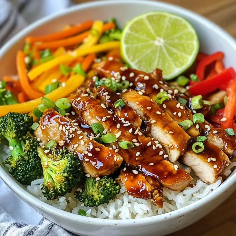 - 2 boneless, skinless chicken breasts - 1 cup jasmine rice - 1 cup water - 1 tablespoon olive oil - 1/4 cup low sodium soy sauce - 2 tablespoons honey - 1 tablespoon grated ginger - 2 cloves garlic, minced - 1 cup broccoli florets - 1 carrot, julienned - 1/2 red bell pepper, sliced - 1 teaspoon sesame seeds - 2 green onions, sliced - Salt and pepper to taste The main ingredients create the heart of this dish. The chicken provides lean protein. Jasmine rice offers a soft and fragrant base. Fresh veggies add color and nutrients. Each element plays a role in making this bowl delightful. - Additional seasonings, like chili flakes or black pepper - Suggested garnishes, such as lime wedges or cilantro Optional ingredients can enhance flavor. You can spice things up with chili flakes. A lime wedge adds a zesty twist. Fresh herbs like cilantro can elevate the bowl even more. - Caloric breakdown: About 450 calories per serving - Macronutrient content: Roughly 30g protein, 50g carbs, and 15g fat This dish is balanced and nutritious. It provides a good amount of protein and carbs. The healthy fats come from olive oil and sesame seeds. You can enjoy a tasty meal without guilt. {{ingredient_image_1}} - Rinsing and Preparing Rice: Rinse 1 cup of jasmine rice under cold water. Do this until the water runs clear. This helps remove excess starch. It keeps the rice from being too sticky. - Cooking Method: In a saucepan, mix the rinsed rice with 1 cup of water. Bring it to a boil, then reduce the heat. Cover the pot and cook for 15-18 minutes. The rice should become fluffy and tender. - Mixing Ingredients: In a small bowl, whisk together 1/4 cup of soy sauce, 2 tablespoons of honey, 1 tablespoon of grated ginger, and 2 minced garlic cloves. Make sure the honey dissolves well in the sauce. - Cooking Techniques: After mixing, set the sauce aside. We will pour it over the chicken later. The flavors will blend nicely when we heat it. - Chicken Cooking Instructions: Heat 1 tablespoon of olive oil in a large skillet over medium-high heat. Season 2 boneless, skinless chicken breasts with salt and pepper. Cook each side for 6-7 minutes until they are golden brown and fully cooked. - Stir-Frying Vegetables: Remove the chicken from the skillet and let it rest. In the same skillet, add 1 cup of broccoli florets, 1 julienned carrot, and 1/2 sliced red bell pepper. Stir-fry these for 4-5 minutes. They should be tender but still bright in color. - Layering Techniques: Start with a base of rice in a deep bowl. Slice the rested chicken into strips and lay it over the rice. Top the chicken with the stir-fried vegetables. - Presentation Tips: Drizzle any leftover teriyaki sauce on top. Finish by sprinkling 1 teaspoon of sesame seeds and 2 sliced green onions. For a fresh touch, add a slice of lime on the side. This makes each bowl look bright and inviting! Ensuring Tender Chicken To keep chicken tender, cook it on medium heat. This way, it cooks evenly. Use a meat thermometer to check. The chicken should reach 165°F inside. Let it rest for a few minutes before slicing. This helps keep all the juices in. Perfectly Cooked Rice Rinsing jasmine rice is key. Rinse until the water is clear. This removes extra starch. For cooking, use one cup of water for one cup of rice. Bring it to a boil, then lower the heat. Cover the pot and cook for 15-18 minutes. Fluff it with a fork after cooking. Adjusting Sweetness You can change the sauce’s sweetness to fit your taste. Add more honey for a sweeter sauce. If you like it less sweet, reduce the honey. Taste it as you mix. This way, you get it just right. Alternative Sauce Ingredients Want to try something new? Use maple syrup instead of honey. You can also mix in a splash of rice vinegar. This adds a nice tang. Experiment with different flavors to find what you love. Pairing Side Dishes Serve your Teriyaki Chicken Bowl with simple sides. Steamed edamame or a fresh salad works well. They add color and crunch to your meal. You can also try pickled vegetables for a nice contrast. Best Drinks to Accompany For drinks, green tea is a great choice. It’s light and refreshing. You can also serve sparkling water with lime. This adds a fun twist and helps cleanse the palate. Pro Tips Marinate for More Flavor: Allow the chicken to marinate in the teriyaki sauce for at least 30 minutes before cooking for deeper flavor penetration. Use Fresh Ingredients: Opt for fresh garlic and ginger instead of powdered for a more vibrant flavor in your sauce. Don't Overcook the Vegetables: Stir-fry the vegetables just until tender to retain their color and crunch, enhancing the dish's texture. Garnish Creatively: Consider adding sesame oil drizzle or chili flakes as a garnish for an extra layer of flavor and visual appeal. {{image_2}} You can easily make a teriyaki bowl without chicken. Tofu or tempeh works great as a substitute. - Tofu or Tempeh Substitutes: Use firm tofu or tempeh for a nice texture. Cut them into cubes. Marinate them in soy sauce and honey for extra flavor. Cook them until golden brown for the best taste. - Additional Vegetables to Include: Add mushrooms, snap peas, or bell peppers. These vegetables add crunch and color. You can also try bok choy or zucchini for more variety. If you need a gluten-free dish, it's easy to adapt. - Choosing a Gluten-Free Soy Sauce: Use tamari or coconut aminos. Both options are good replacements for regular soy sauce. They provide the same savory flavor without gluten. - Alternative Ingredients: You can use cauliflower rice instead of jasmine rice. It’s low in carbs and adds a fresh taste. Also, check that your honey is pure and gluten-free. Get creative with your teriyaki bowl by adding new flavors. - Spicy Teriyaki Options: For a kick, add sriracha or chili flakes to your sauce. This adds heat without losing the sweet teriyaki flavor. Adjust the amount to your spice preference. - Adding Citrus Flavors: Squeeze fresh lime or lemon juice over your bowl. It brightens the dish and adds a fresh zing. You can also add orange zest for a sweet twist. These variations make the teriyaki chicken bowl fun and unique. Enjoy exploring different tastes! To keep your Teriyaki Chicken Bowl fresh, follow these tips: - Store leftovers in an airtight container. - Keep chicken and rice separate to maintain texture. - Use within 3 days for the best taste. The shelf life of cooked chicken is about 3-4 days in the fridge. Jasmine rice stays fresh for about 4-5 days when stored properly. When you want to enjoy your Teriyaki Chicken Bowl again, use these methods: - For rice, microwave it with a splash of water. Cover it to keep steam in. - For chicken, heat it in a skillet over low heat. This keeps it juicy. To avoid drying out, add a little teriyaki sauce while reheating. This adds moisture and flavor back to the dish. If you want to save your Teriyaki Chicken Bowl for later: - Freeze chicken and rice separately in freezer-safe bags. - Label with the date to track how long it's stored. When you’re ready to eat, thaw overnight in the fridge. Then, reheat gently in the microwave or a skillet. This helps the chicken stay moist and tasty. How to store Teriyaki Chicken Bowl leftovers? Store leftovers in an airtight container. Place in the fridge. They stay fresh for up to three days. Make sure to let the food cool before sealing. When ready to eat, reheat gently on the stove or in the microwave. Can I use brown rice instead of jasmine rice? Yes, you can use brown rice. It will take longer to cook, about 40-45 minutes. Brown rice has more fiber and a nuttier flavor. Adjust the water ratio to 1.5 cups of water for every cup of brown rice. How long to cook chicken for the best texture? Cook chicken for 6-7 minutes on each side. Ensure it reaches an internal temperature of 165°F. This cooking time gives you juicy, tender chicken. Let it rest before slicing to keep it moist. What's the best way to prepare vegetables for stir-frying? Chop veggies into uniform pieces for even cooking. Use fresh vegetables, like broccoli and bell pepper. Stir-fry them for about 4-5 minutes, keeping them colorful and slightly crisp. This helps maintain their nutrients and flavor. Can I use a different type of sauce? Yes, you can use teriyaki sauce or even hoisin sauce. Each sauce will change the flavor a bit. A sweet chili sauce can also work if you like a spicy kick. What can I substitute for honey? You can use maple syrup or agave nectar as a substitute for honey. Both will add sweetness. If you need a sugar-free option, consider using stevia or monk fruit sweeteners. This article covered how to make a Teriyaki Chicken Bowl. We discussed main ingredients like chicken, rice, and vegetables, including optional seasonings and garnishes. I shared step-by-step instructions, cooking tips, and variations for diets. Finally, we talked about storing and reheating your meal. Making this dish is fun and easy. Experiment with flavors and enjoy your tasty rewards. Now you’re ready to create your own delicious bowl!