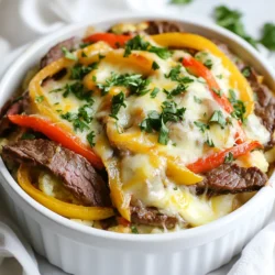 To make a tasty low carb Philly cheesesteak casserole, you will need: - 1 lb (450g) flank steak, thinly sliced - 1 medium onion, sliced - 1 bell pepper (green or red), sliced - 2 cups cauliflower florets, steamed - 1 cup provolone cheese, shredded - 1/2 cup cream cheese, softened - 2 tablespoons olive oil - 2 teaspoons garlic powder - 1 teaspoon onion powder - Salt and pepper to taste - Fresh parsley, chopped (for garnish) This casserole serves 4. Each serving has about: - Calories: 400 - Protein: 30g - Fat: 28g - Carbohydrates: 7g - Fiber: 2g You can swap out some ingredients for a different taste or diet: - Use chicken or turkey instead of flank steak. - Try mozzarella or cheddar cheese in place of provolone. - For a dairy-free option, use cashew cream instead of cream cheese. - Zucchini or broccoli can replace cauliflower florets. - Use coconut oil instead of olive oil for cooking. These swaps still keep the dish low in carbs and tasty! {{ingredient_image_1}} To make the Low Carb Philly Cheesesteak Casserole, start by preheating your oven to 350°F (175°C). This gives you a warm space for baking. In a large skillet, pour in two tablespoons of olive oil and heat it over medium heat. Once the oil is hot, add 1 pound of thinly sliced flank steak. Season it with salt, pepper, garlic powder, and onion powder. Cook the steak for about 5 to 7 minutes until it turns brown and is cooked through. After that, set the steak aside. Now, in the same skillet, toss in one medium sliced onion and one sliced bell pepper. Sauté them for about 4 to 5 minutes until they are soft and a bit caramelized. This adds great flavor to the dish. Next, grab a large mixing bowl. Combine the cooked steak, sautéed onion, bell pepper, and 2 cups of steamed cauliflower florets. Mix everything together well. Add in ½ cup of softened cream cheese and stir until the mixture is evenly coated. Transfer this mixture to a greased baking dish, spreading it out evenly. Top it off with 1 cup of shredded provolone cheese. Bake this dish in your preheated oven for about 20 to 25 minutes. You want it to be bubbly and golden brown on top. Once done, take it out of the oven and let it sit for a few minutes. Garnish with fresh chopped parsley before serving. 1. Preheat Oven: Show a thermometer set at 350°F. 2. Sauté Steak: Image of steak browning in the skillet. 3. Cook Vegetables: Picture of onions and bell peppers sautéing. 4. Mix Ingredients: Visual of the mixing bowl with all ingredients combined. 5. Baking Dish: Photo of the casserole ready for the oven. 6. Final Product: Image of the baked casserole topped with melted cheese and parsley. - Use flank steak for a tender bite. Slice it thinly against the grain. - Make sure not to overcook the beef. It should remain juicy. - Steam the cauliflower just until tender. This keeps it from getting mushy. - Mix the cream cheese until smooth to coat evenly. - Bake until the cheese is bubbly. This gives you that perfect crust. Following these steps will help you create a delicious and satisfying Low Carb Philly Cheesesteak Casserole. Enjoy your cooking! To make your Low Carb Philly Cheesesteak Casserole pop with flavor, use fresh herbs. Chopped parsley adds a nice touch. You can also try adding a splash of Worcestershire sauce for depth. If you enjoy heat, add some sliced jalapeños or red pepper flakes. For a richer taste, consider using smoked provolone cheese. You will need a large skillet for sautéing the steak and vegetables. A mixing bowl helps combine the ingredients well. Use a greased baking dish to hold your casserole. A sharp knife makes slicing the steak and veggies easier. A wooden spatula is great for stirring and mixing without scratching your pans. One common mistake is overcooking the flank steak. Remove it from the heat as soon as it's browned. Another mistake is not seasoning enough. Make sure to add salt and pepper to each step. Lastly, don't skip letting the casserole sit after baking. This helps the flavors meld together and makes serving easier. Pro Tips Choose the Right Cut: Flank steak works great for this casserole, but you can also use ribeye or sirloin for a richer flavor. Veggie Variations: Feel free to add other vegetables like mushrooms or zucchini for extra texture and flavor. Cheese Options: Provolone is traditional, but you can substitute with mozzarella or cheddar for a different taste. Make Ahead: Prepare the casserole in advance and refrigerate. Just bake it when you're ready to serve! {{image_2}} You can swap out cauliflower for other low-carb veggies. Zucchini works great. You can also try broccoli or mushrooms. Each adds a unique taste and texture. I like to mix bell peppers for color and crunch. You can even add spinach for a boost of nutrients. These swaps keep the dish fresh and exciting. While provolone cheese shines in this recipe, you can use other cheeses. Cheddar adds a sharp flavor. Swiss cheese gives a nutty taste. For a creamier bite, try Monterey Jack. Each cheese brings its own flair to the casserole. Mix and match to find your favorite combo. Cheese lovers will enjoy the choices. If you like heat, add jalapeños or crushed red pepper flakes. These spices bring a nice kick. You can also use hot sauce for extra flavor. A dash of cayenne pepper adds warmth without overpowering the dish. Balance the heat with creamy cheese to enjoy the best of both worlds. These options let you customize your casserole to your taste. To keep your Low Carb Philly Cheesesteak Casserole fresh, let it cool first. Once cooled, place it in an airtight container. This helps prevent moisture loss and keeps it tasty. Store it in the fridge for up to four days. Always label the container with the date to track freshness. Freezing is a great option if you have leftovers. Cut the casserole into individual portions. Wrap each piece tightly in plastic wrap, then place them in a freezer-safe bag. This method keeps the flavor intact. You can freeze it for up to three months. When you're ready to eat, just thaw it in the fridge overnight. To reheat, place the casserole in an oven-safe dish. Preheat your oven to 350°F (175°C). Cover the dish with foil to keep moisture in. Heat for about 20 minutes. Check to see if it's warm all the way through. You can also microwave individual portions for quick meals. Just make sure to cover the dish to avoid splatters. Enjoy your reheated casserole without losing flavor! Yes, you can make this casserole ahead of time. Prepare the dish up to the baking step. Store it in the fridge for up to two days. When ready to eat, bake it straight from the fridge. Just add a few extra minutes to the cooking time. If you want to swap cream cheese, try using sour cream or Greek yogurt. These options give a nice creamy texture. You can also use ricotta cheese for a different flavor. Just remember to adjust the amount to match your taste. Absolutely! This casserole is great for meal prep. It stores well in the fridge and reheats nicely. You can divide it into portions for easy lunches or dinners. This way, you have a quick, low-carb meal ready to go! We covered key ingredients, steps, tips, and variations for your recipe. You learned how to enhance flavors and avoid mistakes. Storing leftovers properly ensures great taste later. You can adapt the recipe by using other veggies or cheeses. Remember, cooking can be fun and creative. Keep experimenting to find your perfect dish. Enjoy your cooking journey!