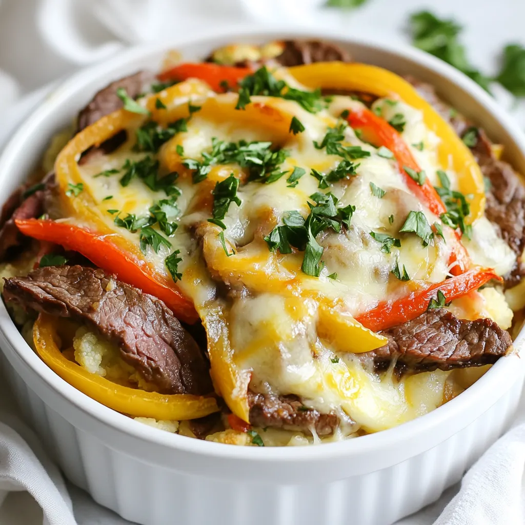 To make a tasty low carb Philly cheesesteak casserole, you will need: - 1 lb (450g) flank steak, thinly sliced - 1 medium onion, sliced - 1 bell pepper (green or red), sliced - 2 cups cauliflower florets, steamed - 1 cup provolone cheese, shredded - 1/2 cup cream cheese, softened - 2 tablespoons olive oil - 2 teaspoons garlic powder - 1 teaspoon onion powder - Salt and pepper to taste - Fresh parsley, chopped (for garnish) This casserole serves 4. Each serving has about: - Calories: 400 - Protein: 30g - Fat: 28g - Carbohydrates: 7g - Fiber: 2g You can swap out some ingredients for a different taste or diet: - Use chicken or turkey instead of flank steak. - Try mozzarella or cheddar cheese in place of provolone. - For a dairy-free option, use cashew cream instead of cream cheese. - Zucchini or broccoli can replace cauliflower florets. - Use coconut oil instead of olive oil for cooking. These swaps still keep the dish low in carbs and tasty! {{ingredient_image_1}} To make the Low Carb Philly Cheesesteak Casserole, start by preheating your oven to 350°F (175°C). This gives you a warm space for baking. In a large skillet, pour in two tablespoons of olive oil and heat it over medium heat. Once the oil is hot, add 1 pound of thinly sliced flank steak. Season it with salt, pepper, garlic powder, and onion powder. Cook the steak for about 5 to 7 minutes until it turns brown and is cooked through. After that, set the steak aside. Now, in the same skillet, toss in one medium sliced onion and one sliced bell pepper. Sauté them for about 4 to 5 minutes until they are soft and a bit caramelized. This adds great flavor to the dish. Next, grab a large mixing bowl. Combine the cooked steak, sautéed onion, bell pepper, and 2 cups of steamed cauliflower florets. Mix everything together well. Add in ½ cup of softened cream cheese and stir until the mixture is evenly coated. Transfer this mixture to a greased baking dish, spreading it out evenly. Top it off with 1 cup of shredded provolone cheese. Bake this dish in your preheated oven for about 20 to 25 minutes. You want it to be bubbly and golden brown on top. Once done, take it out of the oven and let it sit for a few minutes. Garnish with fresh chopped parsley before serving. 1. Preheat Oven: Show a thermometer set at 350°F. 2. Sauté Steak: Image of steak browning in the skillet. 3. Cook Vegetables: Picture of onions and bell peppers sautéing. 4. Mix Ingredients: Visual of the mixing bowl with all ingredients combined. 5. Baking Dish: Photo of the casserole ready for the oven. 6. Final Product: Image of the baked casserole topped with melted cheese and parsley. - Use flank steak for a tender bite. Slice it thinly against the grain. - Make sure not to overcook the beef. It should remain juicy. - Steam the cauliflower just until tender. This keeps it from getting mushy. - Mix the cream cheese until smooth to coat evenly. - Bake until the cheese is bubbly. This gives you that perfect crust. Following these steps will help you create a delicious and satisfying Low Carb Philly Cheesesteak Casserole. Enjoy your cooking! To make your Low Carb Philly Cheesesteak Casserole pop with flavor, use fresh herbs. Chopped parsley adds a nice touch. You can also try adding a splash of Worcestershire sauce for depth. If you enjoy heat, add some sliced jalapeños or red pepper flakes. For a richer taste, consider using smoked provolone cheese. You will need a large skillet for sautéing the steak and vegetables. A mixing bowl helps combine the ingredients well. Use a greased baking dish to hold your casserole. A sharp knife makes slicing the steak and veggies easier. A wooden spatula is great for stirring and mixing without scratching your pans. One common mistake is overcooking the flank steak. Remove it from the heat as soon as it's browned. Another mistake is not seasoning enough. Make sure to add salt and pepper to each step. Lastly, don't skip letting the casserole sit after baking. This helps the flavors meld together and makes serving easier. Pro Tips Choose the Right Cut: Flank steak works great for this casserole, but you can also use ribeye or sirloin for a richer flavor. Veggie Variations: Feel free to add other vegetables like mushrooms or zucchini for extra texture and flavor. Cheese Options: Provolone is traditional, but you can substitute with mozzarella or cheddar for a different taste. Make Ahead: Prepare the casserole in advance and refrigerate. Just bake it when you're ready to serve! {{image_2}} You can swap out cauliflower for other low-carb veggies. Zucchini works great. You can also try broccoli or mushrooms. Each adds a unique taste and texture. I like to mix bell peppers for color and crunch. You can even add spinach for a boost of nutrients. These swaps keep the dish fresh and exciting. While provolone cheese shines in this recipe, you can use other cheeses. Cheddar adds a sharp flavor. Swiss cheese gives a nutty taste. For a creamier bite, try Monterey Jack. Each cheese brings its own flair to the casserole. Mix and match to find your favorite combo. Cheese lovers will enjoy the choices. If you like heat, add jalapeños or crushed red pepper flakes. These spices bring a nice kick. You can also use hot sauce for extra flavor. A dash of cayenne pepper adds warmth without overpowering the dish. Balance the heat with creamy cheese to enjoy the best of both worlds. These options let you customize your casserole to your taste. To keep your Low Carb Philly Cheesesteak Casserole fresh, let it cool first. Once cooled, place it in an airtight container. This helps prevent moisture loss and keeps it tasty. Store it in the fridge for up to four days. Always label the container with the date to track freshness. Freezing is a great option if you have leftovers. Cut the casserole into individual portions. Wrap each piece tightly in plastic wrap, then place them in a freezer-safe bag. This method keeps the flavor intact. You can freeze it for up to three months. When you're ready to eat, just thaw it in the fridge overnight. To reheat, place the casserole in an oven-safe dish. Preheat your oven to 350°F (175°C). Cover the dish with foil to keep moisture in. Heat for about 20 minutes. Check to see if it's warm all the way through. You can also microwave individual portions for quick meals. Just make sure to cover the dish to avoid splatters. Enjoy your reheated casserole without losing flavor! Yes, you can make this casserole ahead of time. Prepare the dish up to the baking step. Store it in the fridge for up to two days. When ready to eat, bake it straight from the fridge. Just add a few extra minutes to the cooking time. If you want to swap cream cheese, try using sour cream or Greek yogurt. These options give a nice creamy texture. You can also use ricotta cheese for a different flavor. Just remember to adjust the amount to match your taste. Absolutely! This casserole is great for meal prep. It stores well in the fridge and reheats nicely. You can divide it into portions for easy lunches or dinners. This way, you have a quick, low-carb meal ready to go! We covered key ingredients, steps, tips, and variations for your recipe. You learned how to enhance flavors and avoid mistakes. Storing leftovers properly ensures great taste later. You can adapt the recipe by using other veggies or cheeses. Remember, cooking can be fun and creative. Keep experimenting to find your perfect dish. Enjoy your cooking journey!