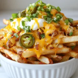 To make dirty fries, you need simple, fresh ingredients. Here’s what you’ll need: - 4 large russet potatoes, cut into fries - 2 tablespoons olive oil - 1 teaspoon garlic powder - 1 teaspoon paprika - Salt and pepper to taste - 1 cup shredded cheddar cheese - 1/2 cup pickled jalapeños, chopped - 1/4 cup sour cream - 2 green onions, sliced - Fresh cilantro for garnish These ingredients come together to create a tasty and satisfying dish. The russet potatoes give a great base for crispy fries. Dirty fries are fun because you can mix and match toppings. Here are some great ideas: - Crumbled bacon for a smoky flavor - Fresh tomatoes for a refreshing bite - Guacamole for a creamy texture - Spicy chili for extra heat - Ranch dressing for a tangy finish Feel free to get creative! The toppings can change the whole taste of the fries. The best potatoes for fries are russet potatoes. They have a high starch content. This means they get crispy on the outside and fluffy on the inside. Other good options include Yukon Gold potatoes. They have a buttery flavor and work well too. Avoid waxy potatoes like red potatoes. They won’t give you that perfect fry texture you want. {{ingredient_image_1}} Start by preheating your oven to 425°F (220°C). Next, take four large russet potatoes. Cut them into fry shapes. In a big bowl, toss the fries with two tablespoons of olive oil. Add one teaspoon of garlic powder and one teaspoon of paprika. Sprinkle in salt and pepper to taste. Mix until all fries are coated. Spread the fries on a baking sheet lined with parchment paper. Make sure they lie flat and do not overlap. Bake them for 25 to 30 minutes. Flip the fries halfway through. You want them golden brown and crispy. Once the fries are crispy, take them out of the oven. Sprinkle one cup of shredded cheddar cheese over the hot fries. Return the baking sheet to the oven for five more minutes. Wait until the cheese melts and is bubbly. Now, scatter half a cup of chopped pickled jalapeños on top. Drizzle with a quarter cup of sour cream. Finish by adding sliced green onions and fresh cilantro for garnish. Serve these cheesy, spicy fries hot and enjoy every bite! To get crispy fries, start with russet potatoes. They have a high starch content. Cut them thick for a good bite. Soak the fries in cold water for 30 minutes. This step removes excess starch. Drain and dry them well before cooking. Toss the fries in olive oil and seasoning. Spread them in a single layer on a baking sheet. Bake them at 425°F (220°C) for 25-30 minutes. Flip them halfway for even cooking. Keep an eye on them to avoid burning. The final result should be golden and crunchy. Flavor is key to delicious dirty fries. Use garlic powder and paprika for a savory kick. Adjust salt and pepper to your taste. Don't skip the toppings; they add a lot of flavor. After baking, sprinkle shredded cheddar cheese on the hot fries. This melts nicely and adds richness. Chopped pickled jalapeños bring heat and tang. Finish with sour cream, sliced green onions, and fresh cilantro. These toppings create a balanced and flavorful dish. Serve your dirty fries hot for the best taste. They make a great snack or side dish. Pair them with burgers or sandwiches for a hearty meal. You can also serve them at parties as a fun appetizer. Consider adding a dipping sauce, like ranch or spicy mayo. This adds another layer of flavor and fun. Enjoy them fresh out of the oven for the best experience! Pro Tips Cut Evenly: Make sure all fries are cut to the same thickness to ensure even cooking and crispiness. Soak the Potatoes: Soaking the cut potatoes in cold water for at least 30 minutes can help remove excess starch, resulting in crispier fries. Use Parchment Paper: Lining your baking sheet with parchment paper prevents sticking and makes cleanup a breeze. Balance the Heat: Adjust the amount of jalapeños based on your heat preference. You can also mix in some sweet peppers for a milder flavor. {{image_2}} You can make delicious vegetarian dirty fries. Start with your base of crispy fries. Top them with melted cheese and some fresh veggies. Try adding sautéed mushrooms or roasted peppers. You can also use guacamole instead of sour cream. This gives your fries a creamy texture. Fresh herbs like basil or parsley add a nice touch too. If you love spice, these fries are for you. After baking, sprinkle on extra jalapeños. You can also add hot sauce or chili flakes. Try mixing in spicy cheese for more kick. A drizzle of sriracha can make your fries pop with flavor. Serve with a side of spicy ranch for dipping. Dirty fries can go global with toppings. For a Mexican twist, add black beans and avocado. You can create a Mediterranean version with feta and olives. For an Italian flair, use marinara sauce and mozzarella. Each topping gives the fries its own unique taste. Experiment and find your favorite mix! Storing leftover dirty fries is simple. First, let them cool down. Once cool, place them in an airtight container. You can keep them in the fridge for up to three days. Make sure to layer a paper towel at the bottom. This helps absorb moisture. To reheat dirty fries, use the oven. Preheat it to 400°F (200°C). Spread the fries on a baking sheet. Bake for about 10-15 minutes. This keeps them crispy. Avoid using the microwave, as it makes fries soggy. You can freeze dirty fries too. First, let them cool completely. Place them in a single layer on a baking sheet. Freeze for about an hour before transferring to a freezer bag. This prevents them from sticking together. They will last up to three months. To use, bake from frozen without thawing. Dirty fries are loaded fries topped with delicious ingredients. They start with crispy fries and then get covered in flavorful items. You can make them with cheese, spices, and sauces. They are a fun twist on regular fries and great for sharing. Yes, you can make dirty fries in an air fryer! Just follow these steps: - Cut your potatoes into fries. - Toss them with olive oil and seasonings. - Place them in the air fryer basket. - Cook at 400°F (200°C) for about 15-20 minutes. - Shake the basket halfway through to ensure even cooking. This method gives you crispy fries with less oil. You can top dirty fries with many tasty options. Here are some favorites: - Shredded cheese, like cheddar or Monterey Jack. - Pickled jalapeños for a spicy kick. - Sour cream for creaminess. - Sliced green onions for freshness. - Fresh cilantro for added flavor. Feel free to get creative with your toppings! Dirty fries blend flavor, texture, and creativity. We explored their key ingredients, from the best potatoes to popular toppings. You learned how to prepare, bake, and customize these tasty treats. I shared tips for achieving crispy fries and great flavor. Plus, we covered variations for all tastes and how to store leftovers. Remember, these fries are fun to make and perfect for sharing. Enjoy your culinary adventures with dirty fries!