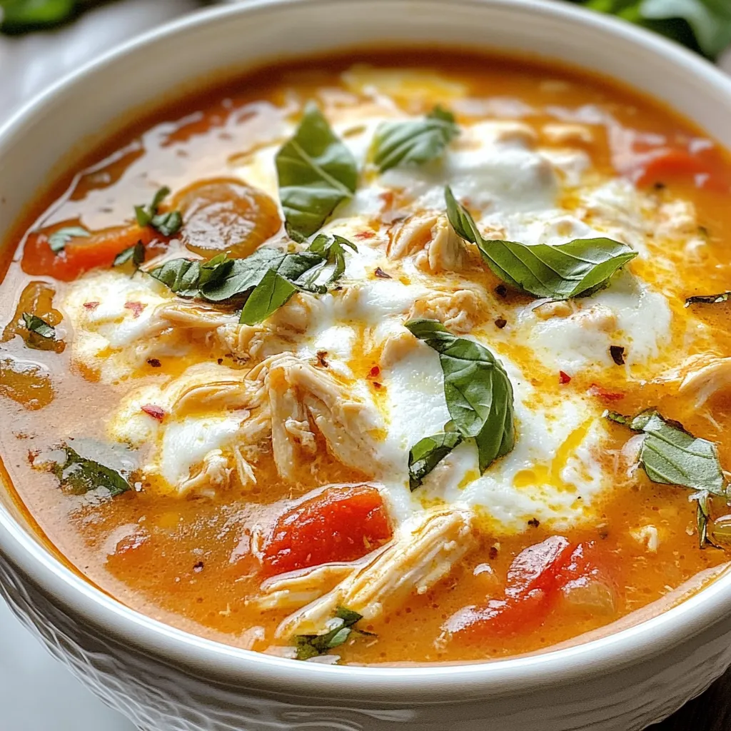 To make this tasty Crockpot Chicken Parmesan Soup, gather these simple ingredients: - 1 lb chicken breasts, diced - 1 can (15 oz) diced tomatoes - 4 cups chicken broth - 1 medium onion, chopped - 3 cloves garlic, minced - 1 teaspoon Italian seasoning - 1 teaspoon red pepper flakes (optional for heat) - 1 cup heavy cream - 1 cup grated Parmesan cheese - 1 cup mozzarella cheese, shredded - Salt and pepper to taste - Fresh basil leaves for garnish You can swap ingredients based on what you have. If you want a lighter soup, try using chicken thighs instead of breasts. You can also use vegetable broth for a vegetarian option. If you don’t have heavy cream, half-and-half works well too. For a dairy-free version, use coconut milk and dairy-free cheese. If you like it spicy, add more red pepper flakes or a dash of hot sauce. When picking your ingredients, aim for fresh and high-quality items. Look for chicken that feels firm and has a pink color. Choose tomatoes that are bright and not bruised. For the onion, select one that is smooth and has no soft spots. Fresh garlic should be firm and not sprouted. Lastly, look for fresh basil with bright green leaves, as this will add great flavor and aroma to your soup. Always trust your senses; if it smells good and looks good, it’s likely fresh! {{ingredient_image_1}} Begin your meal by gathering all the ingredients. You will need: - 1 lb chicken breasts, diced - 1 can (15 oz) diced tomatoes - 4 cups chicken broth - 1 medium onion, chopped - 3 cloves garlic, minced - 1 teaspoon Italian seasoning - 1 teaspoon red pepper flakes (optional for heat) - 1 cup heavy cream - 1 cup grated Parmesan cheese - 1 cup mozzarella cheese, shredded - Salt and pepper to taste - Fresh basil leaves for garnish Next, dice the chicken and chop the onion. Mince the garlic as well. This prep makes cooking easy. Now, place the diced chicken at the bottom of your crockpot. Add the chopped onion, minced garlic, and diced tomatoes (with juices) on top of the chicken. Pour in the chicken broth next. Then add Italian seasoning and red pepper flakes, if you want some heat. Stir everything to mix well. Cover the crockpot with its lid. Cook on low for 6-7 hours or on high for 4 hours. The chicken should be tender and fully cooked. Once the cooking time is done, use two forks to shred the chicken inside the crockpot. It will mix into the soup nicely. Then, stir in the heavy cream and grated Parmesan cheese. Add half of the mozzarella cheese, too. Mix until the cheese melts and the soup becomes creamy. Finally, season with salt and pepper to taste. Serve your soup hot, topped with the remaining mozzarella cheese and fresh basil leaves for a burst of flavor. Enjoy this simple and creamy meal! To get the best taste, always use fresh ingredients. It makes a big difference. Cut the chicken into small pieces. This helps it cook evenly. Layer your ingredients well. Place the chicken at the bottom, followed by veggies and liquids. This keeps the chicken moist. Keep the lid on while cooking. Opening it lets heat escape, which can slow cooking. To make your soup rich and creamy, use heavy cream. Stir it in at the end for the best results. Add the Parmesan cheese right after that. It melts easily, giving a smooth texture. You can also use a whisk to mix it well. This helps break up any clumps. For extra creaminess, try adding more cheese! Don't skip the sautéing step for onions and garlic. It adds a great depth of flavor. Avoid using low-quality cheese. Cheap cheese can clump and ruin the soup's texture. Also, be careful with seasoning. Taste the soup before adding too much salt or pepper. Lastly, don’t rush the cooking time. Let it cook low and slow for the best results. Pro Tips Use Fresh Ingredients: Fresh garlic and herbs will enhance the flavor of the soup significantly compared to dried versions. Adjust the Creaminess: If you prefer a lighter soup, reduce the amount of heavy cream, or substitute with half-and-half. Customize the Spice Level: For a milder soup, omit the red pepper flakes, or for extra heat, add them along with some chopped jalapeños. Make it Ahead: This soup stores well in the refrigerator for up to 3 days, making it a perfect meal prep option. {{image_2}} You can change the flavor of this soup to fit your taste. Want it spicy? Add more red pepper flakes. If you like herbs, try fresh rosemary or thyme. For a fresh twist, add lemon zest for brightness. You can also toss in some spinach or kale for added greens. Each change adds a new layer of taste. To make this soup gluten-free, ensure your chicken broth is free of gluten. You can use gluten-free pasta if you want to add some. For a dairy-free version, swap the heavy cream with coconut milk or a nut milk. Use a dairy-free cheese option to keep that creamy texture. These changes let everyone enjoy the soup. Feel free to get creative with swaps. Instead of chicken, use turkey for a lighter option. You can also replace diced tomatoes with roasted red peppers for a smoky flavor. If you want a heartier soup, add beans or lentils. Each swap gives you a new dish, making this recipe truly versatile. After enjoying your Crockpot Chicken Parmesan Soup, let it cool. Once cool, pour it into an airtight container. You can store it in the fridge for up to three days. Make sure to seal the container well. This keeps the flavors fresh and tasty. When you're ready to enjoy leftovers, reheat the soup on the stove. Use low heat and stir often. This helps to warm it evenly. You can also microwave it in a bowl. Heat in short bursts, stirring in between, until hot. If it seems thick, add a splash of chicken broth or cream. For longer storage, freeze the soup. Put it in freezer-safe bags or containers. Make sure to leave space for expansion. The soup can last in the freezer for up to three months. When you want to eat it, thaw it overnight in the fridge. Then, reheat as mentioned above. Enjoy your creamy soup anytime! Yes, you can use frozen chicken. Just add it to the crockpot straight from the freezer. You will need to cook it a bit longer. Make sure the chicken reaches 165°F for safety. The best way to thicken this soup is to add more cheese. Stir in extra Parmesan or mozzarella. You can also mix in a bit of cornstarch with water, then add it to the soup. Yes, you can! Just cook everything in a large pot over medium heat. Simmer until the chicken is cooked through, about 20-25 minutes. Then, add the cream and cheese to finish. To make it spicier, add more red pepper flakes to the soup. You can also include diced jalapeños or hot sauce for extra heat. Adjust it to your taste! This soup pairs well with garlic bread or a simple salad. You can also serve it with crusty bread for dipping. Enjoy the flavors together! You learned about selecting fresh ingredients and how to prepare tasty Chicken Parmesan Soup. Following my step-by-step guide makes cooking fun and easy. I shared tips for the best flavor and variations for special diets. Remember to store leftovers properly for longer freshness. Avoid common mistakes, and you’ll make a creamy, delicious soup every time. Now, you can impress your family and friends with this hearty meal! Enjoy the journey of cooking and exploring new flavors.