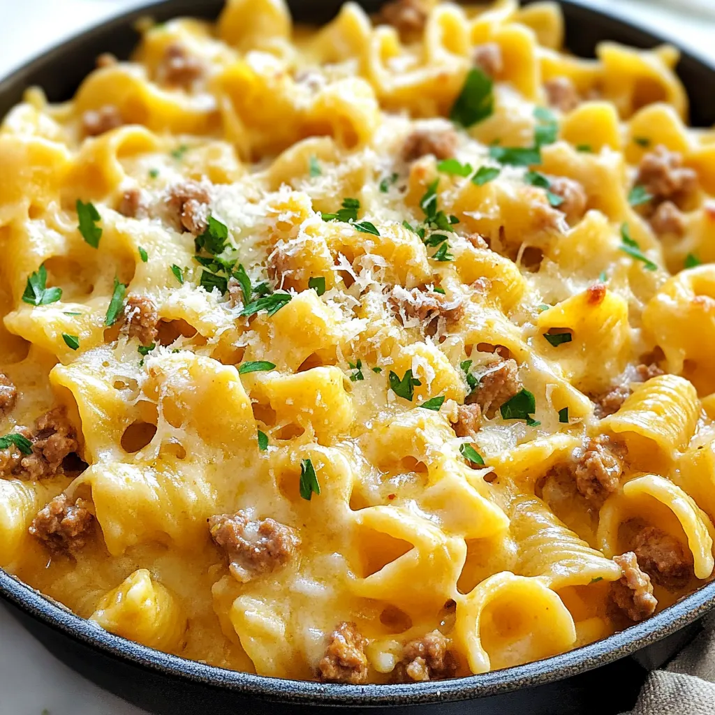 To make One-Pot Creamy Beef Garlic Butter Pasta, gather these items: - 8 oz (225 g) pasta (fettuccine or penne) - 1 lb (450 g) ground beef - 4 tablespoons unsalted butter - 4 cloves garlic, minced - 1 medium onion, diced - 2 cups beef broth - 1 cup heavy cream - 1 teaspoon Italian seasoning - Salt and pepper to taste - 1 cup grated Parmesan cheese - Fresh parsley for garnish, chopped Using high-quality ingredients makes this dish shine. Choose fresh pasta for a better texture. Look for lean ground beef to cut down on fat. Fresh garlic and onion add great flavor. Always use unsalted butter for better control of saltiness. Fresh parsley gives a bright finish to the meal. You can swap out some ingredients if needed. Use ground turkey or chicken for a lighter option. If you want to skip dairy, try coconut cream instead of heavy cream. For gluten-free pasta, any gluten-free brand works well. You can even try different cheeses like mozzarella or cheddar if you want a twist. {{ingredient_image_1}} Gather all your ingredients first. This makes cooking easy. You will need: - 8 oz (225 g) pasta (fettuccine or penne) - 1 lb (450 g) ground beef - 4 tablespoons unsalted butter - 4 cloves garlic, minced - 1 medium onion, diced - 2 cups beef broth - 1 cup heavy cream - 1 teaspoon Italian seasoning - Salt and pepper to taste - 1 cup grated Parmesan cheese - Fresh parsley for garnish, chopped Chop the onion and mince the garlic. Having these ready saves time. Start by melting 2 tablespoons of butter in a large pot over medium heat. Add the diced onion and sauté for about 3-4 minutes. You want it to be soft and clear. Next, turn the heat to medium-high. Add the ground beef and cook it for 5-7 minutes. Stir it well until it is browned and crumbled. If there is too much fat, drain it. Now, add the minced garlic and cook for another minute. Let the garlic get nice and fragrant. Add the dry pasta to the pot along with beef broth, heavy cream, and Italian seasoning. Sprinkle in salt and pepper to taste. Stir everything together well. Bring this mixture to a boil. Once boiling, lower the heat and cover the pot. Let it simmer for about 15 minutes. Stir occasionally until the pasta is cooked and the sauce is creamy. After 15 minutes, take the pot off the heat. Stir in the last 2 tablespoons of butter and the grated Parmesan cheese. Mix until everything is melted and blended. Taste the pasta and adjust the seasoning if needed. - Prep time: 10 minutes - Cooking time: 20 minutes - Total time: 30 minutes This dish serves 4-6 people, making it great for family meals. Enjoy! To make your One-Pot Creamy Beef Garlic Butter Pasta pop, use fresh garlic. Fresh garlic gives a stronger taste than dried. Also, add a splash of lemon juice. It brightens the dish and balances the creaminess. For extra depth, try using beef broth instead of water when cooking the pasta. This adds a rich flavor that makes a big difference. Lastly, finish with a sprinkle of extra Parmesan cheese. It adds a nice cheesy finish that everyone loves. One common mistake is overcooking the pasta. Cook it just until al dente. It will continue cooking in the sauce. Another mistake is not draining excess fat from the beef. Too much fat can make the dish greasy. Be sure to stir the mixture well while it simmers. This helps the pasta cook evenly and soak up the sauce. Lastly, don’t skip the seasoning! Salt and pepper are key for enhancing the flavors. Serve this pasta with a simple green salad. A light salad pairs well with the creaminess. You can also add garlic bread for a crunchy side. It’s perfect for scooping up the sauce. For a fun twist, top with crushed red pepper flakes. This adds a spicy kick that many enjoy. Lastly, don’t forget to garnish with fresh parsley. It adds color and freshness that makes the dish even better. Pro Tips Use Fresh Garlic: Freshly minced garlic enhances the flavor of the dish significantly compared to pre-minced or powdered garlic. Choose the Right Pasta: Fettuccine or penne works best for this recipe as they hold the creamy sauce well, providing a better texture in every bite. Adjust the Creaminess: If you prefer a lighter sauce, reduce the amount of heavy cream and add more beef broth for a balanced flavor. Garnish for Freshness: Fresh parsley not only adds a pop of color but also a fresh flavor that complements the richness of the creamy sauce. {{image_2}} You can easily change this recipe to fit different diets. For a leaner option, use ground turkey instead of beef. This keeps the dish light but still tasty. If you're vegan, try using plant-based ground meat and swap the butter for olive oil. Use coconut cream instead of heavy cream to keep it creamy. Want to add a twist? Use different herbs or spices! Try adding red pepper flakes for some heat. You can also mix in sun-dried tomatoes for a rich flavor. If you love veggies, toss in spinach or mushrooms while cooking. This adds color and nutrients. While fettuccine or penne works great, feel free to experiment. Rigatoni or shells can also hold onto the creamy sauce well. For gluten-free options, use gluten-free pasta. Just watch the cooking time, as it varies. To keep your creamy beef garlic butter pasta fresh, place it in an airtight container. Make sure the pasta cools down to room temperature first. It will last in the fridge for up to three days. If you want to save it for later, consider freezing it instead. When you are ready to enjoy the leftovers, you can reheat them on the stove or in the microwave. For the stove, add a splash of beef broth or cream to help bring back the creaminess. Stir gently over medium heat until warmed through. In the microwave, heat in 30-second bursts. Stir between each burst until hot. If you want to freeze this dish, make sure it cools completely. Place it in a freezer-safe container or bag. It can stay frozen for up to three months. When you are ready to eat it, thaw it overnight in the fridge. Then reheat it as mentioned above. Freezing may change the texture a bit, but the flavor stays great! Yes, you can swap out the ground beef for other meats. Ground turkey or chicken work well. You can even use sausage for added flavor. Just keep an eye on cooking times, as they may vary with different meats. Absolutely! This dish is great for meal prep. You can make a big batch and store it. It keeps well in the fridge for about 3-4 days. Just divide it into containers for easy lunches or dinners. To make this dish gluten-free, choose gluten-free pasta. There are many options available. Also, check your beef broth for gluten-free labels. The rest of the ingredients are naturally gluten-free, so you're all set! This blog post covered essential ingredients, tips, and step-by-step cooking instructions. You learned about quality ingredients, smart substitutions, and how to avoid common mistakes. I shared expert tips to boost flavor and creative variations to suit your taste. Finally, I provided storage and reheating advice to keep your dish fresh. Cooking should be fun and easy. With these insights, you're ready to create a fantastic meal. Enjoy the process and make it your own!