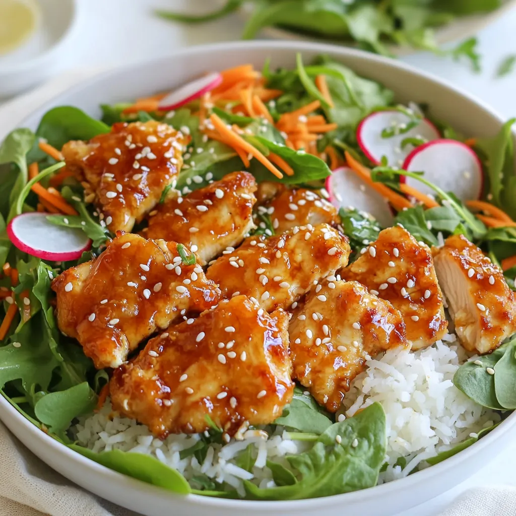 To make a tasty Hot Honey Chicken Bowl, gather these main ingredients: - 2 boneless, skinless chicken breasts - 1/2 cup all-purpose flour - 1 teaspoon paprika - 1/2 teaspoon garlic powder - 1/2 teaspoon onion powder - Salt and pepper to taste - 1/2 cup buttermilk - 1/4 cup hot honey (store-bought or homemade) - 1 tablespoon olive oil - 1 cup cooked jasmine rice - 1 cup mixed greens (spinach, arugula, etc.) - 1/4 cup sliced radishes - 1/4 cup shredded carrots - 2 tablespoons chopped green onions - Sesame seeds for garnish These ingredients blend to create a dish that is sweet, spicy, and savory. Here are some kitchen staples you need for this recipe: - Mixing bowls for marinating and coating - A whisk for combining dry ingredients - A skillet for cooking the chicken - A meat thermometer to check chicken doneness - A cutting board and knife for prepping veggies Having these tools ready will make cooking easier and more fun. You can add these optional garnishes to enhance your bowl: - Fresh herbs like cilantro or parsley - Sliced avocado for creaminess - Lime wedges for a citrus kick - Crushed peanuts for extra crunch Feel free to mix and match these additions. They can make your Hot Honey Chicken Bowl even more exciting! {{ingredient_image_1}} Start by marinating the chicken. In a bowl, mix buttermilk with a pinch of salt and pepper. Add the chicken breasts, ensuring they are fully coated. This step helps keep the chicken juicy. Let it marinate in the refrigerator for at least 30 minutes. The longer, the better! Next, prepare the coating. In another bowl, combine flour, paprika, garlic powder, onion powder, salt, and pepper. Mix well until all spices are evenly distributed. After the chicken has marinated, take it out of the fridge. Let the excess buttermilk drip off. Dredge the chicken in the flour mixture, pressing it onto the chicken. This creates a nice, crispy crust when cooked. Now it’s time to cook the chicken. Heat olive oil in a large skillet over medium-high heat. Once hot, add the coated chicken breasts. Cook for about 5-7 minutes on each side until golden brown. The chicken should reach an internal temperature of 165°F (75°C) for safety. When cooked, drizzle hot honey over the chicken in the skillet. Allow it to caramelize for about a minute. Flip the chicken to coat both sides. As you finish cooking, begin assembling your bowl. Start with a serving of jasmine rice at the bottom. Top it with a handful of mixed greens. Then, add the sliced chicken. Arrange radish slices, shredded carrots, and chopped green onions on top. Drizzle with any remaining hot honey from the pan. Finally, sprinkle sesame seeds for an added crunch. Enjoy your delicious Hot Honey Chicken Bowl! To get the best chicken coating, start with marinating. Soak the chicken in buttermilk. This keeps the meat juicy and tasty. Use a mix of flour and spices for the coating. Paprika, garlic powder, and onion powder add great flavor. Don’t rush the dredging step. Press the flour mix onto the chicken well. This helps the coating stick during cooking. Hot honey can change your dish. For a sweet kick, use store-bought hot honey. You can also make your own. Heat honey with red pepper flakes or chili oil. Adjust the spice level to fit your taste. Want a smoky flavor? Use smoked honey instead. You can mix in some lime juice for a zesty twist. Serve your Hot Honey Chicken Bowl with jasmine rice at the bottom. Add fresh greens for crunch. Sliced radishes and shredded carrots give color and texture. For extra flavor, drizzle more hot honey on top. Don’t forget the sesame seeds! They add a nice crunch. You can also add avocado slices or pickled veggies for more taste. Pro Tips Marination Matters: Allowing the chicken to marinate in buttermilk not only adds flavor but also tenderizes the meat, resulting in a juicier final dish. Coating Technique: Press the flour mixture firmly onto the chicken to create a thicker, crispier crust that holds up during frying. Temperature Check: Use a meat thermometer to ensure the chicken reaches an internal temperature of 165°F (75°C) for safe consumption. Hot Honey Alternative: For a spicier kick, consider making your own hot honey by infusing honey with chili flakes or fresh peppers. {{image_2}} You can make the Hot Honey Chicken Bowl lighter. Swap buttermilk for low-fat yogurt. Use skinless chicken thighs instead of breasts for more flavor. Choose brown rice for added fiber. Add extra veggies, like bell peppers or zucchini, to boost nutrition. You can also use less hot honey or mix it with a bit of lemon juice for a tangy twist. To create a vegetarian bowl, replace chicken with crispy tofu. Press the tofu to remove extra water, then marinate it like chicken. For a vegan option, use plant-based buttermilk, made from almond or soy milk mixed with vinegar. You can also try chickpea fritters instead of chicken. They add crunch and protein. If you love spice, add sliced jalapeños or crushed red pepper flakes to the hot honey. You can also mix in some sriracha for extra heat. For a smoky flavor, try smoked paprika in the chicken coating. These additions will give your bowl a punch of flavor that keeps you coming back for more. After enjoying your Hot Honey Chicken Bowl, let any leftovers cool down. Place the chicken and rice in an airtight container. You can keep it in the fridge for up to three days. Make sure to separate the greens and toppings. This keeps them fresh and crisp. To reheat, use the microwave for quick warmth. Place the chicken and rice in a bowl, cover it with a damp paper towel. Heat in 30-second intervals until hot. If you want a crispy texture, use the oven. Preheat the oven to 350°F (175°C). Bake for about 10-15 minutes. If you want to save your bowl for later, freezing works great. Wrap the chicken and rice tightly in plastic wrap, then place it in a freezer bag. You can freeze it for up to three months. When you're ready to eat, thaw it in the fridge overnight before reheating. This keeps the flavors intact. Hot honey is a sweet and spicy blend of honey and chili peppers. You can buy it or make it at home. To make it, mix honey with crushed red pepper or chili flakes. This adds warmth and flavor to dishes. It pairs well with fried foods, like our chicken bowl. Yes, you can use other chicken cuts. Thighs work well too. Just make sure they are boneless and skinless for best results. They will stay juicy and tender. You can also use chicken tenders for a quicker option. Many restaurants serve hot honey chicken bowls. Look for local spots that focus on comfort food. Food trucks and casual eateries often have unique spins on this dish. You can also make it at home for a fun family meal. Yes, you can easily make this dish gluten-free. Use gluten-free flour instead of all-purpose flour. Many brands offer great substitutes. Ensure your hot honey is gluten-free too. This way, everyone can enjoy the tasty hot honey chicken bowl. You learned about the key ingredients and steps to make a hot honey chicken bowl. We covered marinating, coating, and cooking the chicken. You also discovered tips to perfect your dish and variations for different diets. Don't forget proper storage so your leftovers stay fresh. Embrace your creativity and try new flavors. You can make this dish your own! Enjoy the deliciousness of hot honey chicken and impress your friends and family.