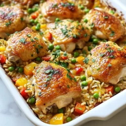 To create the One-Pan Chicken and Rice Bake, you will need a few simple items. Each ingredient adds flavor and texture to this dish. Here’s a detailed list of what you need: - Chicken thighs: Use 4 boneless, skinless chicken thighs. They stay juicy and tender. - Rice and broth: One cup of long-grain white rice and two cups of chicken broth provide a great base. - Vegetables and seasonings: - 1 medium onion, diced - 3 garlic cloves, minced - 1 bell pepper (any color), diced - 1 cup frozen peas - 1 teaspoon paprika - 1 teaspoon dried thyme - 1/2 teaspoon cumin - Salt and pepper to taste - Garnish options: Fresh parsley adds a nice touch. It makes the dish look pretty and fresh. Gather these ingredients before you start cooking. This way, you will have everything at hand. Each one plays an important role in making this meal delicious and satisfying. {{ingredient_image_1}} Start by preheating your oven to 375°F (190°C). This step is key for even cooking. Next, grab a large oven-safe skillet or baking dish. Add 2 tablespoons of olive oil to the pan. Heat it over medium heat. The oil should shimmer but not smoke. Season 4 boneless, skinless chicken thighs with 1 teaspoon paprika, 1 teaspoon dried thyme, 1/2 teaspoon cumin, salt, and pepper. Place the chicken in the hot oil. Sear each side for about 5 minutes. You want them golden brown but not cooked through. Once they are done, remove the chicken from the pan and set it aside. In the same pan, add 1 medium diced onion, 1 diced bell pepper, and 3 minced garlic cloves. Sauté these for about 3-4 minutes. Cook until the onion turns translucent. Next, stir in 1 cup of long-grain white rice. Mix it well to coat the rice with the oil and flavors. Then, pour in 2 cups of chicken broth. Mix everything together until combined. This will help the rice cook evenly. Nestle the chicken thighs back into the pan. Scatter 1 cup of frozen peas over the top. Cover the pan tightly with a lid or foil. Bake in your preheated oven for 25-30 minutes. The rice should be tender and absorb all the liquid. After baking, let it sit for 5 minutes, then fluff the rice with a fork. To get juicy chicken, start with boneless, skinless thighs. They stay moist during cooking. Sear them in olive oil for five minutes on each side. The golden crust seals in the juices. When you bake them, the chicken will cook through without drying out. Always let the chicken rest after cooking. This makes it more tender and tasty. Long-grain white rice works best for this dish. It cooks evenly and absorbs flavors well. You can also try basmati rice for a fragrant twist. Avoid sticky rice types, as they clump together. If you prefer brown rice, adjust the cooking time. Brown rice takes longer to cook, so add an extra 15 minutes to your bake time. Cut down on prep time by chopping vegetables in advance. You can store them in the fridge for a day. Use frozen peas; they add color and nutrients without extra work. Also, season your chicken ahead of time. Letting it marinate for an hour boosts flavor. Finally, gather all your ingredients before you start. This keeps your cooking process smooth and fast. Pro Tips Marinate for Flavor: For an even more flavorful dish, consider marinating the chicken thighs in olive oil, garlic, and spices for a few hours or overnight. Use Fresh Herbs: Fresh herbs like thyme or parsley can elevate the flavor; add them towards the end of cooking for the best taste. Check Rice Doneness: If the rice isn't fully cooked after the suggested time, add a splash more chicken broth and cover, then bake for an additional 5-10 minutes. Leftover Makeover: Use any leftovers creatively by turning them into a chicken and rice soup by adding more broth and some additional veggies. {{image_2}} If you want to switch up the protein, there are great options. You can use chicken breasts instead of thighs. They are leaner and still taste good. For a plant-based option, try chickpeas or tofu. Both add protein and texture. If you like seafood, shrimp works well too. Just add it later in the cooking process to avoid overcooking. Feel free to mix in different vegetables. Zucchini, carrots, or spinach can brighten the dish. You can also use fresh herbs like basil or cilantro for extra flavor. If you want more crunch, add broccoli or green beans. The key is to balance colors and textures. This keeps every bite exciting and fresh. To add heat, try adding red pepper flakes or diced jalapeños. These will give your dish a nice kick. You can also use chili powder or hot sauce to spice things up. For more flavor, add a splash of lemon juice or vinegar before serving. These small tweaks make a big difference. They turn a simple meal into a flavor-packed feast. After enjoying your one-pan chicken and rice bake, let leftovers cool down. Place them in an airtight container. You can keep them in the fridge for up to three days. Make sure to label the container with the date. This way, you know when to eat it next. To reheat, use the oven or microwave. If using the oven, set it to 350°F (175°C). Place the dish in an oven-safe container. Cover it with foil to keep moisture in. Heat for about 15-20 minutes or until it's warm throughout. If using a microwave, use a microwave-safe bowl. Heat it in 1-minute intervals until hot, stirring in between. If you want to keep it longer, freezing is a great option. First, let the dish cool completely. Then, portion it into freezer-safe bags or containers. Remove as much air as possible to prevent freezer burn. You can freeze it for up to three months. When ready to enjoy, thaw it in the fridge overnight before reheating. Yes, you can make this dish ahead. Cook the chicken and rice as directed. Let it cool, then cover it and store it in the fridge. It stays good for up to three days. When you’re ready to eat, reheat it in the oven at 350°F (175°C) until warm. If you don’t have chicken thighs, you can use chicken breasts. They are leaner but still tasty. You could also try boneless turkey thighs or even tofu for a plant-based option. Just remember, cooking times may change slightly based on the protein you choose. To make this dish healthier, try using brown rice instead of white rice. Brown rice has more fiber and nutrients. You can also add more vegetables, like spinach or carrots, to boost the nutrition. Using skinless chicken helps reduce fat content too. This blog post covered key ingredients and clear steps to make a delicious chicken dish. You learned about cooking techniques, tips for perfect texture, and different variations. I shared storage info to keep your dish fresh. Remember, you can adjust ingredients to fit your tastes. Cooking should be fun and easy. With these guidelines, you can create a meal everyone will love. Enjoy your cooking journey and explore new flavors!