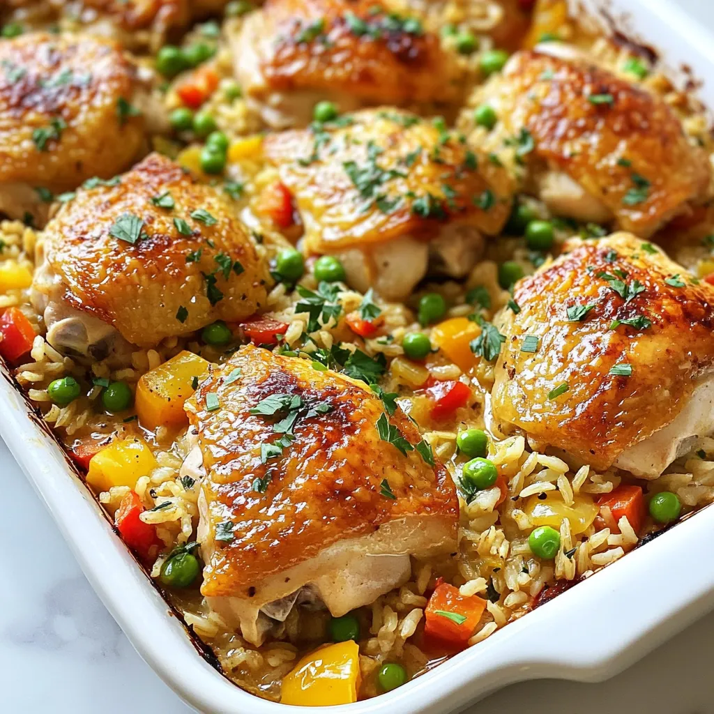 To create the One-Pan Chicken and Rice Bake, you will need a few simple items. Each ingredient adds flavor and texture to this dish. Here’s a detailed list of what you need: - Chicken thighs: Use 4 boneless, skinless chicken thighs. They stay juicy and tender. - Rice and broth: One cup of long-grain white rice and two cups of chicken broth provide a great base. - Vegetables and seasonings: - 1 medium onion, diced - 3 garlic cloves, minced - 1 bell pepper (any color), diced - 1 cup frozen peas - 1 teaspoon paprika - 1 teaspoon dried thyme - 1/2 teaspoon cumin - Salt and pepper to taste - Garnish options: Fresh parsley adds a nice touch. It makes the dish look pretty and fresh. Gather these ingredients before you start cooking. This way, you will have everything at hand. Each one plays an important role in making this meal delicious and satisfying. {{ingredient_image_1}} Start by preheating your oven to 375°F (190°C). This step is key for even cooking. Next, grab a large oven-safe skillet or baking dish. Add 2 tablespoons of olive oil to the pan. Heat it over medium heat. The oil should shimmer but not smoke. Season 4 boneless, skinless chicken thighs with 1 teaspoon paprika, 1 teaspoon dried thyme, 1/2 teaspoon cumin, salt, and pepper. Place the chicken in the hot oil. Sear each side for about 5 minutes. You want them golden brown but not cooked through. Once they are done, remove the chicken from the pan and set it aside. In the same pan, add 1 medium diced onion, 1 diced bell pepper, and 3 minced garlic cloves. Sauté these for about 3-4 minutes. Cook until the onion turns translucent. Next, stir in 1 cup of long-grain white rice. Mix it well to coat the rice with the oil and flavors. Then, pour in 2 cups of chicken broth. Mix everything together until combined. This will help the rice cook evenly. Nestle the chicken thighs back into the pan. Scatter 1 cup of frozen peas over the top. Cover the pan tightly with a lid or foil. Bake in your preheated oven for 25-30 minutes. The rice should be tender and absorb all the liquid. After baking, let it sit for 5 minutes, then fluff the rice with a fork. To get juicy chicken, start with boneless, skinless thighs. They stay moist during cooking. Sear them in olive oil for five minutes on each side. The golden crust seals in the juices. When you bake them, the chicken will cook through without drying out. Always let the chicken rest after cooking. This makes it more tender and tasty. Long-grain white rice works best for this dish. It cooks evenly and absorbs flavors well. You can also try basmati rice for a fragrant twist. Avoid sticky rice types, as they clump together. If you prefer brown rice, adjust the cooking time. Brown rice takes longer to cook, so add an extra 15 minutes to your bake time. Cut down on prep time by chopping vegetables in advance. You can store them in the fridge for a day. Use frozen peas; they add color and nutrients without extra work. Also, season your chicken ahead of time. Letting it marinate for an hour boosts flavor. Finally, gather all your ingredients before you start. This keeps your cooking process smooth and fast. Pro Tips Marinate for Flavor: For an even more flavorful dish, consider marinating the chicken thighs in olive oil, garlic, and spices for a few hours or overnight. Use Fresh Herbs: Fresh herbs like thyme or parsley can elevate the flavor; add them towards the end of cooking for the best taste. Check Rice Doneness: If the rice isn't fully cooked after the suggested time, add a splash more chicken broth and cover, then bake for an additional 5-10 minutes. Leftover Makeover: Use any leftovers creatively by turning them into a chicken and rice soup by adding more broth and some additional veggies. {{image_2}} If you want to switch up the protein, there are great options. You can use chicken breasts instead of thighs. They are leaner and still taste good. For a plant-based option, try chickpeas or tofu. Both add protein and texture. If you like seafood, shrimp works well too. Just add it later in the cooking process to avoid overcooking. Feel free to mix in different vegetables. Zucchini, carrots, or spinach can brighten the dish. You can also use fresh herbs like basil or cilantro for extra flavor. If you want more crunch, add broccoli or green beans. The key is to balance colors and textures. This keeps every bite exciting and fresh. To add heat, try adding red pepper flakes or diced jalapeños. These will give your dish a nice kick. You can also use chili powder or hot sauce to spice things up. For more flavor, add a splash of lemon juice or vinegar before serving. These small tweaks make a big difference. They turn a simple meal into a flavor-packed feast. After enjoying your one-pan chicken and rice bake, let leftovers cool down. Place them in an airtight container. You can keep them in the fridge for up to three days. Make sure to label the container with the date. This way, you know when to eat it next. To reheat, use the oven or microwave. If using the oven, set it to 350°F (175°C). Place the dish in an oven-safe container. Cover it with foil to keep moisture in. Heat for about 15-20 minutes or until it's warm throughout. If using a microwave, use a microwave-safe bowl. Heat it in 1-minute intervals until hot, stirring in between. If you want to keep it longer, freezing is a great option. First, let the dish cool completely. Then, portion it into freezer-safe bags or containers. Remove as much air as possible to prevent freezer burn. You can freeze it for up to three months. When ready to enjoy, thaw it in the fridge overnight before reheating. Yes, you can make this dish ahead. Cook the chicken and rice as directed. Let it cool, then cover it and store it in the fridge. It stays good for up to three days. When you’re ready to eat, reheat it in the oven at 350°F (175°C) until warm. If you don’t have chicken thighs, you can use chicken breasts. They are leaner but still tasty. You could also try boneless turkey thighs or even tofu for a plant-based option. Just remember, cooking times may change slightly based on the protein you choose. To make this dish healthier, try using brown rice instead of white rice. Brown rice has more fiber and nutrients. You can also add more vegetables, like spinach or carrots, to boost the nutrition. Using skinless chicken helps reduce fat content too. This blog post covered key ingredients and clear steps to make a delicious chicken dish. You learned about cooking techniques, tips for perfect texture, and different variations. I shared storage info to keep your dish fresh. Remember, you can adjust ingredients to fit your tastes. Cooking should be fun and easy. With these guidelines, you can create a meal everyone will love. Enjoy your cooking journey and explore new flavors!