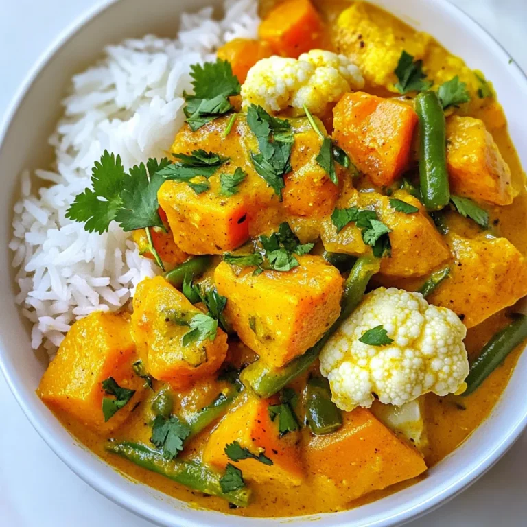 To make a tasty Sweet Potato Vegetable Curry, gather these fresh ingredients: - 2 medium sweet potatoes, peeled and diced - 1 cup of cauliflower florets - 1 cup of green beans, trimmed and cut into 2-inch pieces - 1 can (14 oz) chickpeas, rinsed and drained - 1 can (14 oz) coconut milk - 1 tablespoon curry powder - 1 teaspoon turmeric - 1 teaspoon cumin - 1 tablespoon ginger, minced - 2 cloves garlic, minced - 1 onion, chopped - 2 tablespoons olive oil - Salt and pepper to taste - Fresh cilantro for garnish - Cooked rice or naan bread for serving This mix creates a colorful, flavorful dish. Sweet potatoes add sweetness and nutrition. Cauliflower and green beans add crunch and fiber. Chickpeas give protein and texture. The coconut milk makes everything creamy and rich. Using spices like curry powder, turmeric, and cumin adds warmth and depth. Ginger and garlic bring bright flavors. Olive oil helps cook the onions and aromatics. For garnish, fresh cilantro adds color and freshness. Serve it over rice or with naan for a complete meal. This dish is not only tasty but also healthy and filling. {{ingredient_image_1}} 1. Start by heating olive oil in a large pot over medium heat. 2. Add the chopped onion and sauté for 4-5 minutes until it turns soft and clear. 3. Stir in the minced ginger and garlic. Cook for another minute until you smell the aroma. 4. Now, add the curry powder, turmeric, and cumin. Mix everything well and toast the spices for 30 seconds. 5. Incorporate the diced sweet potatoes and cauliflower florets. Stir until they are coated with the spice mix. 6. Pour in the coconut milk. Bring the mixture to a gentle simmer. 1. Add the green beans and chickpeas to the pot. Mix them well into the curry. 2. Cover the pot and let it simmer for 20-25 minutes. Cook until the sweet potatoes are soft. 1. Taste the curry and add salt and pepper as needed. Adjust the flavors if you want. 2. Serve the curry hot over cooked rice or with warm naan bread. 3. Garnish with fresh cilantro for a bright finish. Adjusting spice levels You can change the spice level to suit your taste. If you like it mild, cut back on curry powder. For more heat, add red pepper flakes or more curry. Taste as you cook, and adjust slowly. Ensuring the right texture for sweet potatoes To get soft and creamy sweet potatoes, cut them into small, even pieces. This helps them cook well. Cook them until you can easily pierce them with a fork. If they are mushy, you have overcooked them. Stovetop vs Instant Pot options You can make this curry on the stovetop or in an Instant Pot. The stovetop method lets you watch and adjust the dish as it cooks. The Instant Pot cooks it faster and keeps the flavors locked in. Both methods work well, so choose what you prefer. Best side dishes to serve with curry This curry goes great with cooked rice or warm naan bread. You can also serve it with a fresh salad or yogurt. These add a nice contrast to the warm and spicy curry. Enjoy your meal! Pro Tips Use Fresh Spices: Fresh spices enhance the flavor profile of your curry significantly. Consider buying whole spices and grinding them just before use for the best taste. Adjust the Heat: If you prefer a spicier curry, add fresh chili peppers or a pinch of cayenne pepper when sautéing the onions. Adjust to your taste preference. Experiment with Vegetables: Feel free to add other vegetables like bell peppers, zucchini, or spinach for added nutrition and variety in flavor and texture. Perfect Coconut Milk: To prevent the coconut milk from curdling, add it gradually and stir continuously. This will help maintain a creamy consistency in your curry. {{image_2}} You can change up the sweet potato vegetable curry with other veggies. Spinach adds a bright touch. Bell peppers bring both color and sweetness. Zucchini adds a nice bite. Carrots give a subtle sweetness and crunch. Use any mix of these vegetables to keep things fun and fresh. Want to boost protein? Add other legumes like lentils or black beans. Tofu works great, too. Just cube it and add it to the pot with the other veggies. This option makes the dish filling and nutritious. Need a gluten-free dish? This curry is naturally gluten-free. Use rice or gluten-free naan for serving. For a vegan version, you're already set! The recipe is fully plant-based. Just watch for any added toppings to keep it vegan-friendly. To keep your sweet potato vegetable curry fresh, follow these steps: - Refrigeration: Store the curry in an airtight container. It can last up to 4 days in the fridge. - Freezing: If you want to keep it longer, freeze it. Use a freezer-safe container. It can last up to 3 months. Make sure to let the curry cool before storing it. This prevents condensation from forming. When you want to enjoy your leftover curry, here are some easy methods: - Stovetop: Pour the curry into a pot over low heat. Stir often until heated through. - Microwave: Use a microwave-safe bowl. Heat in 1-minute intervals, stirring in between. This helps it heat evenly. Both methods work well, so choose what you prefer! Knowing how long your curry lasts is important: - In the fridge: Sweet potato vegetable curry stays good for about 4 days. - In the freezer: It can stay fresh for up to 3 months. Always check for any off smells or changes in color before eating. Enjoy your flavorful dish! You can use several non-dairy alternatives. Almond milk and soy milk are great options. They add creaminess but may change the flavor a bit. Oat milk also works well, giving a nice texture. If you want a richer taste, try cashew cream. It blends smooth and tastes fantastic! Yes, you can easily add heat to the recipe. Start by adding red pepper flakes or cayenne pepper. A little goes a long way, so add a pinch first. You can also include fresh chili peppers for more flavor. Just remember to taste as you go! To thicken your curry, there are a few simple tips. You can simmer it longer to reduce the liquid. Adding a cornstarch slurry is another option. Mix equal parts cornstarch and cold water, then stir it in. Another trick is to blend a portion of the curry and mix it back. This adds body without changing the taste! In this post, I shared a simple curry recipe featuring sweet potatoes, cauliflower, and chickpeas. You learned how to prep and cook these ingredients to create a delicious dish. I also included tips for personalizing your curry and storing leftovers. Ultimately, this curry is easy to make and tasty. You can adjust the spices and choose your favorite veggies. Enjoy experimenting with this dish and sharing it with others!