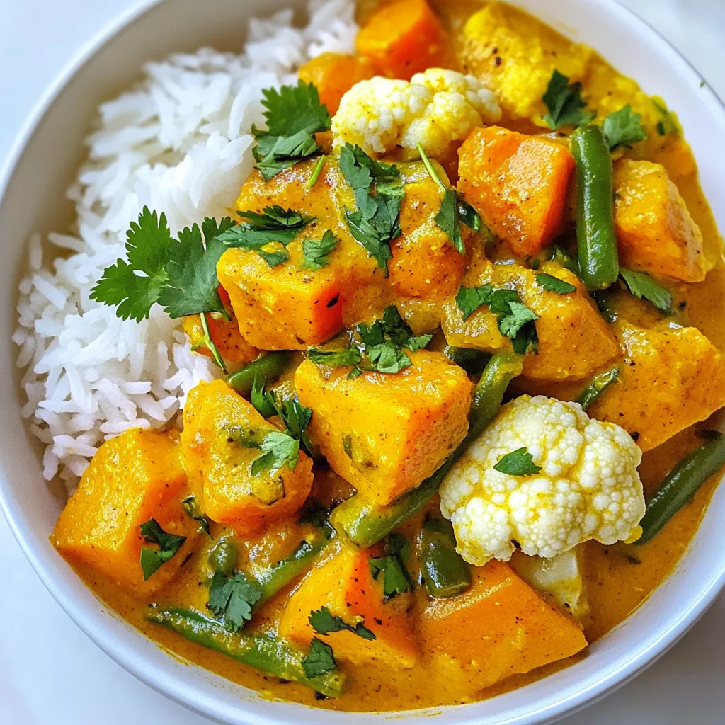To make a tasty Sweet Potato Vegetable Curry, gather these fresh ingredients: - 2 medium sweet potatoes, peeled and diced - 1 cup of cauliflower florets - 1 cup of green beans, trimmed and cut into 2-inch pieces - 1 can (14 oz) chickpeas, rinsed and drained - 1 can (14 oz) coconut milk - 1 tablespoon curry powder - 1 teaspoon turmeric - 1 teaspoon cumin - 1 tablespoon ginger, minced - 2 cloves garlic, minced - 1 onion, chopped - 2 tablespoons olive oil - Salt and pepper to taste - Fresh cilantro for garnish - Cooked rice or naan bread for serving This mix creates a colorful, flavorful dish. Sweet potatoes add sweetness and nutrition. Cauliflower and green beans add crunch and fiber. Chickpeas give protein and texture. The coconut milk makes everything creamy and rich. Using spices like curry powder, turmeric, and cumin adds warmth and depth. Ginger and garlic bring bright flavors. Olive oil helps cook the onions and aromatics. For garnish, fresh cilantro adds color and freshness. Serve it over rice or with naan for a complete meal. This dish is not only tasty but also healthy and filling. {{ingredient_image_1}} 1. Start by heating olive oil in a large pot over medium heat. 2. Add the chopped onion and sauté for 4-5 minutes until it turns soft and clear. 3. Stir in the minced ginger and garlic. Cook for another minute until you smell the aroma. 4. Now, add the curry powder, turmeric, and cumin. Mix everything well and toast the spices for 30 seconds. 5. Incorporate the diced sweet potatoes and cauliflower florets. Stir until they are coated with the spice mix. 6. Pour in the coconut milk. Bring the mixture to a gentle simmer. 1. Add the green beans and chickpeas to the pot. Mix them well into the curry. 2. Cover the pot and let it simmer for 20-25 minutes. Cook until the sweet potatoes are soft. 1. Taste the curry and add salt and pepper as needed. Adjust the flavors if you want. 2. Serve the curry hot over cooked rice or with warm naan bread. 3. Garnish with fresh cilantro for a bright finish. Adjusting spice levels You can change the spice level to suit your taste. If you like it mild, cut back on curry powder. For more heat, add red pepper flakes or more curry. Taste as you cook, and adjust slowly. Ensuring the right texture for sweet potatoes To get soft and creamy sweet potatoes, cut them into small, even pieces. This helps them cook well. Cook them until you can easily pierce them with a fork. If they are mushy, you have overcooked them. Stovetop vs Instant Pot options You can make this curry on the stovetop or in an Instant Pot. The stovetop method lets you watch and adjust the dish as it cooks. The Instant Pot cooks it faster and keeps the flavors locked in. Both methods work well, so choose what you prefer. Best side dishes to serve with curry This curry goes great with cooked rice or warm naan bread. You can also serve it with a fresh salad or yogurt. These add a nice contrast to the warm and spicy curry. Enjoy your meal! Pro Tips Use Fresh Spices: Fresh spices enhance the flavor profile of your curry significantly. Consider buying whole spices and grinding them just before use for the best taste. Adjust the Heat: If you prefer a spicier curry, add fresh chili peppers or a pinch of cayenne pepper when sautéing the onions. Adjust to your taste preference. Experiment with Vegetables: Feel free to add other vegetables like bell peppers, zucchini, or spinach for added nutrition and variety in flavor and texture. Perfect Coconut Milk: To prevent the coconut milk from curdling, add it gradually and stir continuously. This will help maintain a creamy consistency in your curry. {{image_2}} You can change up the sweet potato vegetable curry with other veggies. Spinach adds a bright touch. Bell peppers bring both color and sweetness. Zucchini adds a nice bite. Carrots give a subtle sweetness and crunch. Use any mix of these vegetables to keep things fun and fresh. Want to boost protein? Add other legumes like lentils or black beans. Tofu works great, too. Just cube it and add it to the pot with the other veggies. This option makes the dish filling and nutritious. Need a gluten-free dish? This curry is naturally gluten-free. Use rice or gluten-free naan for serving. For a vegan version, you're already set! The recipe is fully plant-based. Just watch for any added toppings to keep it vegan-friendly. To keep your sweet potato vegetable curry fresh, follow these steps: - Refrigeration: Store the curry in an airtight container. It can last up to 4 days in the fridge. - Freezing: If you want to keep it longer, freeze it. Use a freezer-safe container. It can last up to 3 months. Make sure to let the curry cool before storing it. This prevents condensation from forming. When you want to enjoy your leftover curry, here are some easy methods: - Stovetop: Pour the curry into a pot over low heat. Stir often until heated through. - Microwave: Use a microwave-safe bowl. Heat in 1-minute intervals, stirring in between. This helps it heat evenly. Both methods work well, so choose what you prefer! Knowing how long your curry lasts is important: - In the fridge: Sweet potato vegetable curry stays good for about 4 days. - In the freezer: It can stay fresh for up to 3 months. Always check for any off smells or changes in color before eating. Enjoy your flavorful dish! You can use several non-dairy alternatives. Almond milk and soy milk are great options. They add creaminess but may change the flavor a bit. Oat milk also works well, giving a nice texture. If you want a richer taste, try cashew cream. It blends smooth and tastes fantastic! Yes, you can easily add heat to the recipe. Start by adding red pepper flakes or cayenne pepper. A little goes a long way, so add a pinch first. You can also include fresh chili peppers for more flavor. Just remember to taste as you go! To thicken your curry, there are a few simple tips. You can simmer it longer to reduce the liquid. Adding a cornstarch slurry is another option. Mix equal parts cornstarch and cold water, then stir it in. Another trick is to blend a portion of the curry and mix it back. This adds body without changing the taste! In this post, I shared a simple curry recipe featuring sweet potatoes, cauliflower, and chickpeas. You learned how to prep and cook these ingredients to create a delicious dish. I also included tips for personalizing your curry and storing leftovers. Ultimately, this curry is easy to make and tasty. You can adjust the spices and choose your favorite veggies. Enjoy experimenting with this dish and sharing it with others!