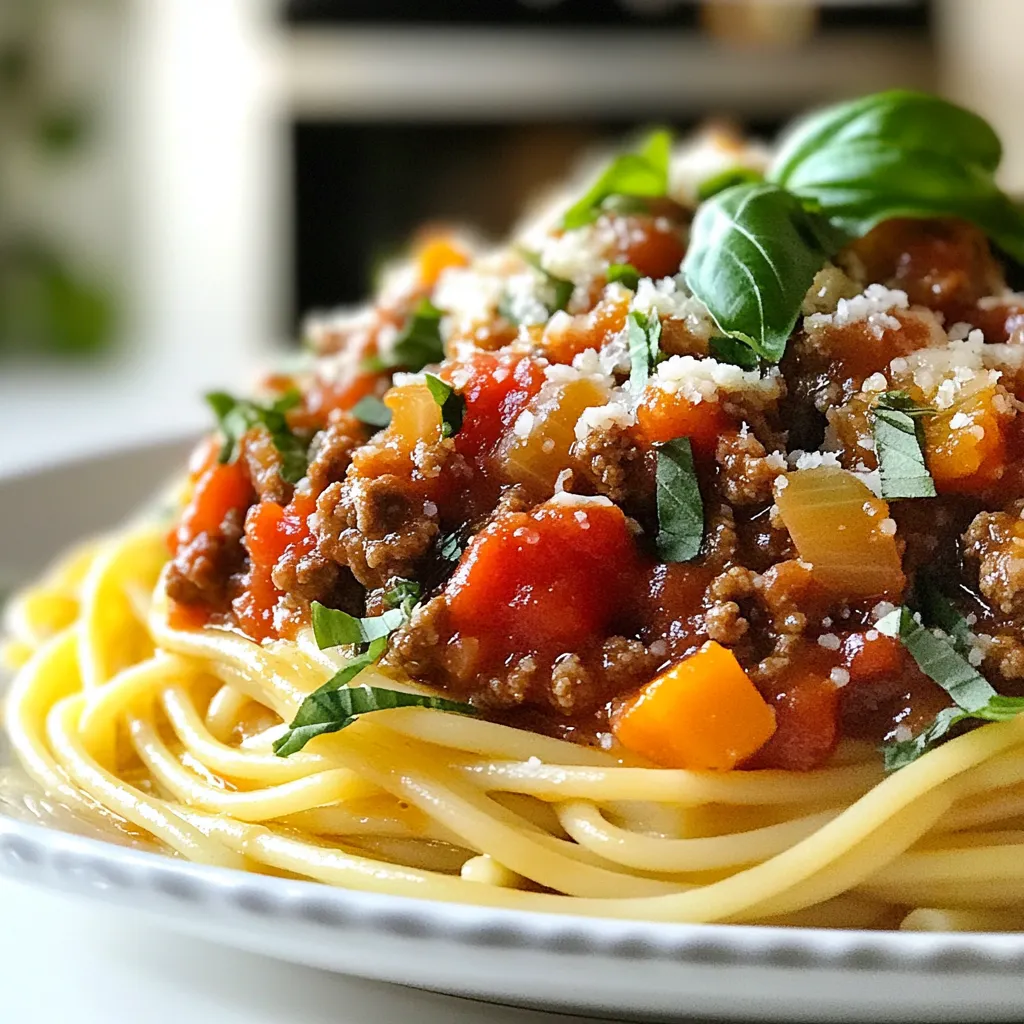- 500g ground beef or a mix of ground beef and ground lamb - 1 medium onion, finely chopped - 2 cloves garlic, minced - 1 carrot, finely diced - 1 celery stalk, finely diced - 1 can (400g) crushed tomatoes - 2 tablespoons tomato paste The heart of a great Bolognese is its meat. I love using a mix of ground beef and lamb. The beef gives depth, while the lamb adds richness. Next, we have aromatic vegetables. Onion, garlic, carrot, and celery create a flavor base. Each one plays a key role. The canned tomatoes and tomato paste bring sweetness and acidity. They balance the dish perfectly. - 1 tablespoon olive oil - 1 teaspoon dried oregano - 1 teaspoon dried basil - Salt and pepper to taste To enhance the flavor, we need olive oil and dried herbs. Olive oil adds richness. Dried oregano and basil bring warmth and earthiness. Salt and pepper bring out the flavors in each ingredient. Use them to taste, adjusting as you go. - 400g spaghetti or your favorite pasta When choosing pasta, spaghetti is my top pick. It pairs well with the sauce. Other good options include fettuccine or pappardelle. Always cook the pasta al dente. This gives a nice bite and helps it hold the sauce better. Remember to salt your boiling water. This simple step boosts the pasta's flavor. {{ingredient_image_1}} Start with a large skillet or saucepan. Heat 1 tablespoon of olive oil over medium heat. Add the finely chopped onion, diced carrot, and diced celery. Sauté for about 5 minutes. The goal is to soften the vegetables. They should be tender but not brown. Next, stir in 2 minced cloves of garlic. Cook for 1 more minute. The garlic will smell great and add flavor. Now, crank up the heat to medium-high. Add 500g of ground beef or a mix of ground beef and lamb. Use a wooden spoon to break the meat apart. Cook until it’s browned, about 8 to 10 minutes. This step builds a rich flavor. After the meat is done, stir in 400g of crushed tomatoes and 2 tablespoons of tomato paste. Add 1 teaspoon of dried oregano and 1 teaspoon of dried basil. Season with salt and pepper to taste. Mix everything well. Once combined, reduce the heat to low. Cover the skillet and let it simmer for about 30 to 40 minutes. Stir occasionally. This cooking time helps the sauce thicken. For a thicker sauce, you can let it cook a bit longer. It’s also important to taste the sauce. Adjust the salt and pepper as needed. This step ensures the flavors are just right. To make your Bolognese pop with flavor, use fresh herbs. Fresh basil adds a bright touch. Always taste your sauce as it cooks. This helps you adjust the seasoning. A common mistake is rushing the simmer. Letting it cook slowly deepens the flavor. Avoid using too much tomato paste. It can overpower the dish. Also, be careful with salt. You can always add more later. Another tip is to add a splash of red wine. It can enhance the richness of the sauce. Spaghetti is a classic choice for Bolognese. It holds the sauce well. You can also try pappardelle for a wider noodle. For a fun twist, serve it over polenta. Presentation matters! Use a large bowl to serve. Top with fresh basil leaves and a sprinkle of Parmesan. You can also add a drizzle of olive oil for shine. This makes your dish look restaurant-worthy. To store leftover Bolognese, let it cool first. Place it in an airtight container. It will last in the fridge for up to three days. If you want to freeze the sauce, it works great! Portion it into freezer bags. Lay them flat to save space. When you're ready, just thaw it overnight in the fridge. Reheat in a pan over low heat, stirring occasionally. Pro Tips Choose Quality Meat: Use fresh, high-quality ground meat for a richer flavor. A mix of beef and lamb can add depth to the sauce. Simmer Longer: Allow the sauce to simmer for at least 30-40 minutes. The longer it simmers, the more the flavors develop. Salt Your Pasta Water: Make sure your pasta water is well-salted. This is your chance to season the pasta itself, enhancing the overall dish. Fresh Herbs Matter: Finish your dish with fresh basil instead of dried for a brighter, more vibrant flavor. {{image_2}} If you want a meat-free dish, you can use lentils or mushrooms. Lentils give a rich texture. Chopped mushrooms add depth and earthiness. Mix both for a hearty sauce. - Substitutes for meat: Use 1 cup of cooked lentils or 500g of chopped mushrooms. - Enhancing flavors with mushrooms: Sauté mushrooms until browned. This brings out their natural sweetness. For gluten-free options, you can use rice pasta or chickpea pasta. These choices work well with the sauce. Just be aware that cooking time may differ. - Recommendations for gluten-free options: Look for brands like Barilla or Banza. - Cooking tips for gluten-free pasta: Follow package instructions and do not overcook. Rinse briefly after draining to prevent sticking. You can boost your Bolognese with extra veggies or proteins. Try adding bell peppers, zucchini, or spinach. They add flavor and nutrition. - Optional veggies and proteins: Add 1 cup of chopped bell peppers or 1 cup of spinach. - How to customize the sauce: Feel free to mix in a splash of red wine. This adds depth and a touch of acidity. Bolognese sauce, or ragù alla Bolognese, comes from Bologna, Italy. It dates back to the 18th century. Traditionally, cooks made it with meat, tomatoes, and wine. This sauce pairs well with tagliatelle or lasagna. In Italy, families often enjoy it on Sundays or special occasions. Yes, you can use ground turkey or chicken in Bolognese. These meats are leaner than beef or lamb. You should adjust cooking times slightly. Cook the turkey or chicken until no longer pink, about 7-10 minutes. The flavor will be different but still tasty. Bolognese sauce lasts about 3-4 days in the fridge. Store it in an airtight container. If you want to keep it longer, freeze it. It can last up to 3 months in the freezer. Just thaw it in the fridge before reheating. Here are some great cookbooks for Italian cuisine: - "Essentials of Classic Italian Cooking" by Marcella Hazan - "The Silver Spoon" - a must-have for authentic recipes - "Italian Food" by Claudia Roden - rich in history and flavor - "Pasta Grannies" by Vicky Bennison - a treasure of family recipes - "The Gluttonous Gardener" by Anna Jones - fresh takes on Italian classics Visual guides help in mastering Bolognese. Check out these links: - [How to Make Authentic Bolognese Sauce](https://www.example.com) - step-by-step video guide - [Cooking the Perfect Pasta](https://www.example.com) - tips for al dente pasta - [Mastering Italian Sauces](https://www.example.com) - a broader look at Italian sauces Home cooks and chefs share their insights. Here are some favorites: - Use a mix of meats for deeper flavor. - Let the sauce simmer longer for rich taste. - Always taste as you go; adjust salt and herbs. - Don't rush the cooking; good sauce takes time. - Fresh basil on top really brightens the dish. To make a tasty Bolognese, use fresh ingredients like ground beef and lamb. Sauté onions, garlic, and tomatoes to build flavor. Don’t forget to taste and adjust seasoning as you cook. Pair it with the right pasta and serve it with pride. You can even explore fun variations, like vegan options or gluten-free pasta. Whether you're a beginner or a pro, my tips can help you cook better. Now, get cooking and enjoy every bite of your homemade Bolognese!
