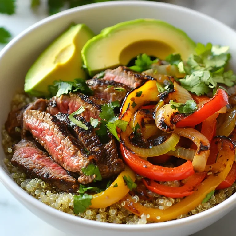- 1 lb flank steak, sliced into strips - 1 red bell pepper, sliced - 1 green bell pepper, sliced - 1 yellow onion, sliced - 1 cup quinoa, rinsed The main ingredients in this dish give it a great taste and texture. Flank steak is a lean cut of meat, making it a superb source of protein. The colorful bell peppers and onion add crunch and sweetness. Quinoa is a fantastic grain that packs protein and fiber, making it a perfect base. - 2 tablespoons olive oil - 1 tablespoon ground cumin - 1 tablespoon chili powder - 1 teaspoon smoked paprika - Salt and pepper, to taste Seasonings bring the flavors alive in this bowl. Olive oil helps with cooking and adds richness. Cumin and chili powder give a warm, earthy taste. Smoked paprika adds a nice depth, and salt and pepper balance everything out. - 1 avocado, sliced - ¼ cup fresh cilantro, chopped - Juice of 1 lime Toppings make this dish shine. Avocado adds creaminess and healthy fats. Fresh cilantro brightens the flavors and gives a fresh kick. A squeeze of lime juice at the end ties everything together with a zesty finish. {{ingredient_image_1}} To start, combine 1 cup of rinsed quinoa with 2 cups of low-sodium chicken broth in a medium saucepan. This broth adds great flavor. Bring the mixture to a boil over high heat. Once it boils, reduce the heat to low and cover the pan. Let it simmer for 15 minutes. During this time, the quinoa will absorb the liquid and become fluffy. After 15 minutes, remove it from heat and let it sit for 5 minutes. Fluff the quinoa gently with a fork before serving. Next, let’s prepare the flank steak. In a large bowl, mix together 2 tablespoons of olive oil, 1 tablespoon of ground cumin, 1 tablespoon of chili powder, 1 teaspoon of smoked paprika, salt, and pepper. Add the flank steak strips and toss them well to coat with the marinade. Let the steak sit for at least 15 minutes. This helps the flavors soak in, making the steak taste amazing. While the steak marinates, heat a large skillet over medium-high heat. Once the skillet is hot, add sliced onions, 1 red bell pepper, and 1 green bell pepper. Sauté for about 5 to 7 minutes. You want them to be tender and slightly charred. Stir them often to avoid burning. After they are cooked, remove them from the skillet and set aside. In the same skillet, add the marinated steak strips. Sear the steak for 3 to 4 minutes on each side until it reaches your desired doneness. It's important to not overcrowd the pan. Once cooked, add the sautéed vegetables back to the skillet. Stir everything together for an additional minute to warm them up. Now, it’s time to assemble your bowls. Start by placing a layer of cooked quinoa at the bottom of each serving bowl. On top of the quinoa, add the steak and vegetable mixture. Then, slice an avocado and place the slices on top. Sprinkle fresh cilantro over everything for a pop of color and flavor. To finish, squeeze the juice of 1 lime over each bowl. This adds a fresh, zesty flavor. You can also add optional toppings like Greek yogurt, diced tomatoes, or sliced jalapeños for extra taste and texture. Enjoy your delicious and high-protein steak fajita bowl! For a high protein content, flank steak is a top choice. It is lean and full of flavor. You can also use sirloin or ribeye if you want more richness. Both cuts give a great taste and protein boost. To make your fajita bowl even better, consider trying different marinades. You can mix olive oil with lime juice, garlic, or soy sauce. This adds a nice twist. Cooking methods also matter. Grilling the steak gives a smoky flavor. You can also try broiling or even slow cooking for tenderness. Making your fajita bowl ahead of time is easy. Cook the quinoa and steak in advance. You can store each part separately. This keeps everything fresh. For storage, use airtight containers. Your meal will stay good for about four days in the fridge. Just reheat before serving. Pro Tips Rest the Steak: Allow the cooked steak to rest for 5 minutes before slicing. This helps retain its juices, making each bite more tender and flavorful. Customize Your Spice Level: Adjust the chili powder and jalapeño toppings according to your heat preference. You can always start with less and add more if needed! Use Leftovers Wisely: This dish is great for meal prep! Store any leftovers in airtight containers for up to 3 days for easy lunches or dinners. Fresh Ingredients Matter: Use fresh herbs and ripe avocados for the best flavor. They can elevate the dish significantly, giving it a vibrant and fresh taste. {{image_2}} For a vegetarian twist, you can swap out the steak. Great options include: - Tofu: Firm tofu is a great protein source. It soaks up flavors well. - Seitan: This wheat-based meat alternative has a chewy texture and is high in protein. - Tempeh: Made from fermented soybeans, tempeh is rich in protein and has a nutty flavor. High-protein plant-based alternatives are perfect for this bowl. Consider using: - Black beans: These add protein and fiber. - Chickpeas: They provide a hearty texture and are very filling. - Lentils: Cooked lentils can easily blend in and pack a protein punch. You can customize the seasoning to suit your taste. Here are some ideas: - Increase spice: Add more chili powder or a pinch of cayenne pepper for heat. - Add sweetness: Mix in a touch of honey or brown sugar for a sweet contrast. - Try fresh herbs: Cilantro, parsley, or even mint can brighten up flavors. Adjusting the seasoning lets you create your perfect bowl. Taste as you go to find what you love. If you're looking for different grains, there are plenty of options. Consider these high-protein grains: - Farro: This ancient grain has a chewy texture and is rich in protein. - Bulgur: Quick to cook and nutty in flavor, it adds great texture. - Barley: This hearty grain is full of fiber and protein. For gluten-free options, try: - Quinoa: Already in the recipe, quinoa is gluten-free and protein-rich. - Brown rice: A filling choice, it works well with this dish. - Millet: Another gluten-free grain, millet has a mild flavor and a fluffy texture. Exploring these variations can help you create a bowl that fits your diet and taste perfectly. To store leftovers of your High Protein Steak Fajita Bowl, cool the dish first. Once cool, place it in an airtight container. Glass or plastic containers work well. You can keep it in the fridge for up to three days. If you want to freeze your fajita bowl, start by separating the components. Freeze the steak and veggies in one container and the quinoa in another. This keeps each part fresh. When reheating, thaw in the fridge overnight. Use a skillet or microwave to heat everything until hot. The High Protein Steak Fajita Bowl stays fresh in the fridge for about three days. If it’s frozen, it can last up to three months. Watch for signs of spoilage, like off smells or changes in color. If you see these, it’s best to throw it away. A serving of the High Protein Steak Fajita Bowl has about 30 grams of protein. This comes mainly from the flank steak and quinoa. Flank steak is a lean cut packed with protein, while quinoa adds even more. Together, they make this bowl a protein powerhouse for your meals. Yes, you can prepare this dish in advance! To do this, cook the quinoa and steak ahead of time. Store them in separate airtight containers. You can also chop the vegetables and keep them ready. This way, when you want to eat, you just need to heat everything up. It saves time and makes lunch or dinner easy. You can make this recipe low-carb by skipping the quinoa. Instead, use cauliflower rice or zucchini noodles. Both options keep the protein high and add great flavor. You will still enjoy a tasty meal without the extra carbs. Just sauté the cauliflower rice or zucchini noodles for a few minutes before adding the steak and veggies. If you want a high-protein substitute for quinoa, try using farro or brown rice. Both grains have great protein content. Cook them the same way as quinoa. Just adjust the cooking time based on the grain you choose. This gives you tasty options while keeping the protein level up. This blog post covered how to make a tasty High Protein Steak Fajita Bowl. We explored key ingredients like flank steak, bell peppers, and quinoa. You learned step-by-step cooking methods and tips for a great finish. In summary, with a few simple tweaks, you can make this bowl your own. Enjoy the cooking process and the fresh flavors that come together. Remember, these bowls are not just good for you; they are also satisfying and fun to share.
