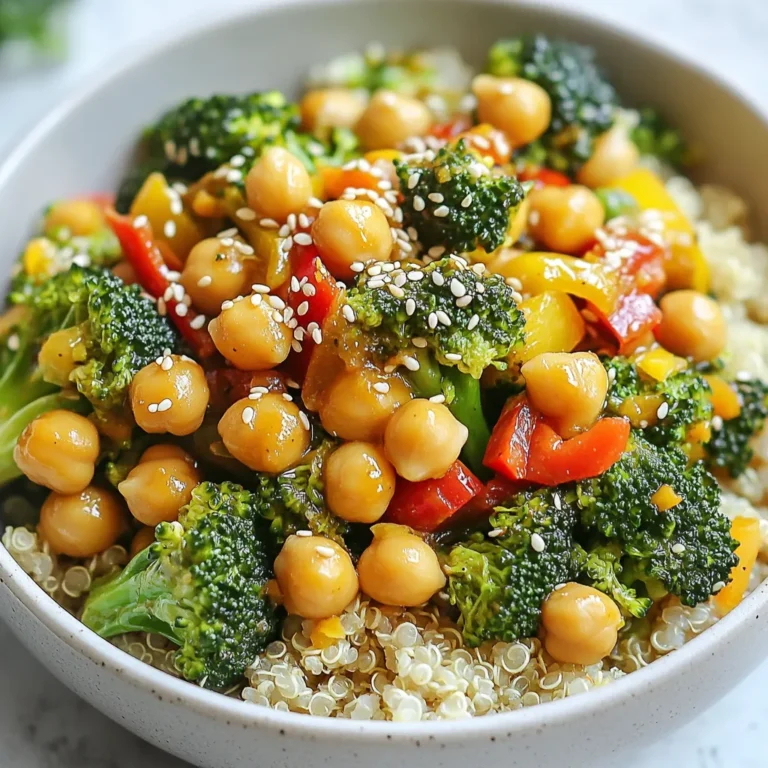 To make a tasty Garlic Broccoli Chickpea Stir Fry, you need a few simple ingredients. Here’s what you will gather: - 2 cups broccoli florets - 1 can (15 oz) chickpeas, drained and rinsed - 4 cloves garlic, minced - 1 red bell pepper, sliced - 1 tablespoon soy sauce (or tamari for gluten-free) - 1 tablespoon sesame oil - 1 tablespoon olive oil - 1 teaspoon grated fresh ginger - 1 teaspoon red pepper flakes (adjust to taste) - Salt and pepper to taste - Sesame seeds for garnish - Cooked quinoa or rice for serving Each ingredient plays a key role. The broccoli adds crunch, while chickpeas provide protein. Garlic and ginger give a warm, zesty flavor. The red bell pepper brings color and sweetness. Soy sauce and sesame oil add depth, and red pepper flakes give a nice kick. You can also adjust the seasonings as you like. If you want more spice, add extra red pepper flakes. Always taste your stir fry before serving. This way, you can make it just right for you. The sesame seeds are perfect for topping your dish. They add extra crunch and a nutty flavor. Finally, serving over quinoa or rice makes this meal filling and satisfying. Enjoy cooking! {{ingredient_image_1}} Start by washing your broccoli. Cut it into small florets. You want about two cups. Next, drain and rinse the chickpeas. This helps remove excess salt. Mince the garlic finely. You will need four cloves. Slice the red bell pepper into thin strips. Gather your soy sauce, sesame oil, and olive oil. Lastly, get your ginger. Grate one teaspoon of fresh ginger. This adds a nice kick. Heat your olive oil in a large skillet or wok over medium-high heat. Once the oil is hot, add the minced garlic and grated ginger. Sauté for about thirty seconds. You will smell a lovely aroma. Then, toss in the sliced red bell pepper. Cook for two to three minutes. Stir it often until the pepper softens. Now, add the broccoli florets. Cook for four to five minutes. The broccoli should turn bright green and stay crisp. Next, stir in the chickpeas, soy sauce, sesame oil, and red pepper flakes. Cook for another two to three minutes to heat it all through. Once everything is cooked, season with salt and pepper to taste. If you want more flavor, add a splash of soy sauce. Remove the skillet from heat and let it cool slightly. Serve the stir fry over cooked quinoa or rice. Finally, sprinkle sesame seeds on top for an extra crunch. Enjoy your meal! To get the best stir fry, start with a hot pan. Heat your olive oil well before adding any ingredients. This helps seal in flavors and keeps your veggies crisp. Always stir often to cook everything evenly. Don’t overcrowd the pan; it can lower the heat. If needed, cook in batches for the best taste. If you like it spicy, add more red pepper flakes. Start with a little, then taste as you go. You can also add sriracha or chili sauce for a different kick. For a milder dish, reduce the spice or leave it out. Balance is key for a delightful meal. Cook broccoli until it’s bright green and still crisp. This usually takes about four to five minutes. Avoid overcooking; mushy broccoli loses its flavor and nutrients. To keep it vibrant, you can rinse it in cold water after cooking. This stops the cooking process and helps maintain its crunch. Pro Tips Use Fresh Garlic: Fresh garlic provides a stronger, more robust flavor compared to pre-minced garlic. Always opt for fresh cloves when possible. Customize Your Veggies: Feel free to swap in your favorite vegetables! Carrots, snap peas, or zucchini would all work wonderfully in this stir fry. Adjust Spice Levels: The red pepper flakes can be adjusted based on your heat preference. Start with a small amount and add more if desired. Meal Prep Friendly: This dish is perfect for meal prep! Store leftovers in an airtight container in the fridge for up to 3 days for a quick and nutritious meal. {{image_2}} You can change this dish by adding more veggies. Try carrots, snap peas, or spinach. Each brings a new taste and color. Chop them small so they cook well. You can mix and match based on what you have. Just keep the cooking time in mind. Softer veggies like zucchini need less time. Chickpeas are great, but you can swap them out. Try tofu for a different texture. Just press and cube it before cooking. You can also use tempeh or edamame. For meat lovers, chicken or shrimp work well too. Cook them first, then add the veggies. This keeps everything fresh and tasty. If you need a gluten-free meal, use tamari instead of soy sauce. This small change keeps the flavor intact. Always check your sauces for hidden gluten. Serve it over rice, quinoa, or gluten-free noodles. This way, you can enjoy the dish without worry. You can store leftovers in an airtight container. Let the stir fry cool first. Place it in the fridge for up to three days. This helps keep the flavors fresh and tasty. To reheat, you can use a skillet or microwave. In a skillet, heat over medium until warm. Stir it often to prevent burning. In the microwave, heat in short bursts. Stir every 30 seconds for even warming. If you want to freeze it, use a freezer-safe container. Make sure to leave some space for expansion. It can last up to three months in the freezer. To eat, thaw it in the fridge overnight. Then, reheat it as mentioned above. Yes, you can use frozen broccoli. It will work well in this stir fry. Just add it to the skillet while cooking. Frozen broccoli cooks faster than fresh. Keep an eye on it, so it doesn't get mushy. You want it to stay bright green and crisp. You can use other beans if you need a substitute. White beans or black beans can work well. Tofu is another great option for protein. It gives a nice texture and absorbs flavors well. Just make sure to press it to remove excess water first. This stir fry lasts for about three to four days in the fridge. Store it in an airtight container for best results. When you are ready to eat, reheat it in a skillet or microwave. This will help keep the flavors fresh. Yes, this recipe is vegan-friendly. It contains no animal products. You can enjoy it while following a plant-based diet. The ingredients are all plant-based and healthy. This makes it a great choice for everyone. This blog post covered a tasty stir fry recipe using simple ingredients like broccoli, chickpeas, and bell peppers. You learned step-by-step how to prepare, cook, and serve it. I shared tips for perfecting your stir fry and variations to suit your taste. Remember, you can store leftovers properly for later. Explore the FAQs for extra guidance. I hope this recipe inspires you to cook healthy meals that taste great. Enjoy your cooking journey!