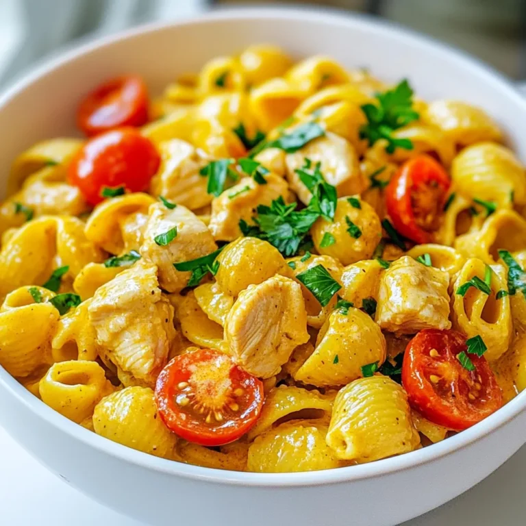 To make Cowboy Butter Chicken Pasta, gather these ingredients: - 2 chicken breasts, diced - 8 oz. (225g) pasta (preferably fettuccine or penne) - ½ cup unsalted butter - 4 cloves garlic, minced - 1 teaspoon smoked paprika - 1 teaspoon chili powder - 1 teaspoon dried oregano - ½ teaspoon cayenne pepper (adjust to taste) - 1 cup cherry tomatoes, halved - 1 cup spinach, roughly chopped - ½ cup heavy cream - Salt and pepper to taste - Fresh parsley, chopped (for garnish) You can swap some ingredients if needed: - For chicken, use turkey or firm tofu. - Instead of fettuccine, try penne or spaghetti. - Use olive oil if you want a lighter fat. - Greek yogurt can replace heavy cream for a tangy twist. - Any fresh greens, like kale, can stand in for spinach. For cooking this dish, you will need: - A large pot for boiling pasta - A large skillet for the sauce - A cutting board for chopping - A sharp knife for dicing chicken and garlic - A spatula or tongs for mixing and serving - Measuring cups and spoons for accuracy {{ingredient_image_1}} To make Cowboy Butter Chicken Pasta, start by boiling water in a large pot. Add salt to the water. Cook the pasta according to the package instructions until it is al dente. This usually takes about 8-10 minutes. Once done, drain the pasta and set it aside. Next, grab a large skillet and place it on medium heat. Melt the butter in the skillet until it bubbles. Then, add the minced garlic. Cook it for about one minute. You want the garlic to smell great but not burn. Now, stir in the spices: smoked paprika, chili powder, dried oregano, and cayenne pepper. Cook these spices for about one minute. This step helps the flavors mix well. Add the diced chicken to the skillet, seasoning it with salt and pepper. Cook the chicken for about 5-7 minutes. You want it golden brown and fully cooked. Once the chicken is ready, add the halved cherry tomatoes and chopped spinach. Cook for another 2-3 minutes. The spinach should wilt, and the tomatoes should soften a bit. Now, pour in the heavy cream and mix well. Let this simmer for 2-3 minutes. This will help the sauce thicken nicely. Finally, toss in the cooked pasta. Mix everything well, so the pasta is coated in that tasty butter sauce. Taste it! Adjust the seasoning if needed. Serve it hot, garnished with fresh parsley for a nice touch. For the best pasta, remember these tips: - Use plenty of water when boiling the pasta. This helps it cook evenly. - Don’t skip the salt in the water. It adds flavor to the pasta. - Stir the pasta occasionally to prevent sticking. - Always check for al dente texture. It should be firm yet tender. - Reserve a little pasta water. You can add this to the sauce for extra creaminess if needed. Timing is key in cooking. Here are some tips to keep in mind: - Start boiling water before preparing other ingredients. This saves time. - Keep the skillet on medium heat. Too high can burn the butter and garlic. - Make sure to cook the chicken fully. The inside should reach 165°F. - Don’t rush the simmering step with the cream. It helps the sauce thicken. - Serve immediately after mixing. This dish is best enjoyed fresh and hot. When making cowboy butter chicken pasta, avoid overcooking the chicken. The chicken should be golden brown but not dry. Also, watch the pasta closely. Cook it until al dente for the best texture. If you add the pasta too early to the sauce, it may become mushy. Lastly, don’t skip the seasoning. Salt and pepper enhance every bite. To boost flavor, use fresh herbs. Adding thyme or basil can bring new life to your dish. You can also mix in a splash of lemon juice to brighten flavors. If you love spice, increase the cayenne pepper. For a richer taste, try using garlic powder along with the fresh garlic. Each tweak adds depth and personality to your meal. Garnishing makes your dish pop. Fresh parsley adds a splash of color and freshness. You can also use whole cherry tomatoes for a fun touch. For a bit of crunch, sprinkle toasted breadcrumbs on top. If you enjoy cheese, a sprinkle of grated Parmesan can add creamy richness. Serve in a large bowl to show off your beautiful creation! Pro Tips Use Fresh Herbs: Fresh parsley adds a burst of flavor and color to your dish, enhancing the overall presentation and taste. Customize Spice Level: Adjust the amount of cayenne pepper based on your heat preference; start with less and add more if you like it spicy. Perfect Pasta Timing: Ensure your pasta is cooked al dente to avoid it becoming mushy once mixed with the sauce. Make It Creamy: For an even creamier texture, consider adding more heavy cream or a splash of pasta water to the sauce before mixing. {{image_2}} You can easily make this dish vegetarian. Swap the chicken for chickpeas or mushrooms. Use a vegan butter substitute for the sauce. Replace heavy cream with coconut cream or cashew cream for a rich taste. Add more veggies, like bell peppers or zucchini, to boost flavor and color. These changes keep the dish tasty and filling without meat. If you want more protein, try shrimp or sausage. For shrimp, sauté it until pink before adding it to the sauce. If you prefer sausage, slice and brown it in the skillet first. This adds a nice spice and depth to the meal. You can also mix different proteins for a fun twist. Feel free to switch up the sauce! Try adding a splash of lemon juice for brightness or a bit of soy sauce for umami. For a creamy touch, mix in some cream cheese. Experiment with different herbs, like thyme or basil, for added flavor. The key is to have fun and make it your own! To store leftovers, let the pasta cool down. Then, place it in an airtight container. Make sure to seal it well to keep the flavors fresh. You can keep it in the fridge for up to three days. If you want to keep it longer, consider freezing. When you’re ready to enjoy the leftovers, reheat them gently. You can use the microwave or a skillet. If using a skillet, add a splash of water or cream to avoid dryness. Heat it on low until warm. Stir often for even heating. You can freeze Cowboy Butter Chicken Pasta for later meals. Place the cooled dish in a freezer-safe container. It will keep well for about three months. When ready to eat, thaw it in the fridge overnight before reheating. This dish tastes great, even after freezing! Cowboy Butter Chicken Pasta is a creamy, tasty dish. It mixes chicken, pasta, and a rich butter sauce. You cook chicken with spices and garlic. Then you add cherry tomatoes and spinach for color and taste. The heavy cream binds everything together. This dish is perfect for family meals. You can use fettuccine or penne pasta. The buttery sauce makes it stand out. Yes, you can make this dish in advance. Cook the pasta and chicken, then store them separately. Keep the sauce in a jar or container. When you're ready to eat, combine them in a skillet. Heat everything gently on the stove. This method keeps the pasta from getting mushy. It also makes meal prep easier for busy days. You can serve many things with Cowboy Butter Chicken Pasta. A fresh green salad adds a nice crunch. Garlic bread is another great choice for soaking up the sauce. You can also pair it with steamed veggies for a healthy side. For a fun twist, add some grilled corn on the side. These options make your meal complete and delicious. In this blog post, we explored the key ingredients and steps to make Cowboy Butter Chicken Pasta. I shared how to perfect your dish with tips on timing and common mistakes to avoid. You learned about tasty variations, storage methods, and answers to frequent questions. Cooking is fun and rewarding. With these tips, you can create a delicious meal that impresses. Enjoy your time in the kitchen and savor every bite!