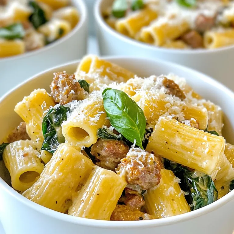 To make creamy sausage rigatoni, you need a few key items: - 12 oz rigatoni pasta - 1 lb Italian sausage (mild or spicy) - 1 small onion, diced - 3 cloves garlic, minced - 1 can (14.5 oz) diced tomatoes - 1 cup heavy cream - 1 cup grated Parmesan cheese (plus extra for serving) - 2 cups fresh spinach - 2 tablespoons olive oil - 1 teaspoon Italian seasoning - Salt and pepper to taste - Fresh basil leaves for garnish These ingredients come together to create a rich and creamy sauce that clings to the pasta. You can swap some ingredients for variety. Here are some ideas: - Use penne or fusilli instead of rigatoni. - Try turkey or chicken sausage for a lighter option. - Replace heavy cream with half-and-half for less richness. - Add mushrooms for extra texture and flavor. - Toss in bell peppers for a pop of color and sweetness. These changes can keep the dish fresh and exciting. Herbs and cheese can elevate your dish. Here are my top picks: - Fresh parsley adds a nice touch of color. - Oregano works well if you want a stronger herb flavor. - Use Pecorino Romano cheese for a sharper taste. - Fresh thyme gives a hint of earthiness. Experimenting with herbs and cheeses can lead to delightful outcomes in your creamy sausage rigatoni. {{ingredient_image_1}} First, fill a large pot with water. Add enough salt to make it taste like the sea. Bring the water to a boil. Once boiling, add 12 ounces of rigatoni pasta. Cook it according to the package instructions until it is al dente. This means it should be firm but not hard. After cooking, drain the pasta but save about 1 cup of the pasta water. Set the pasta aside for later. Next, take out a large skillet and heat 2 tablespoons of olive oil over medium heat. Once hot, add 1 pound of Italian sausage that you have removed from its casing. Use a spatula to break the sausage into smaller pieces. Cook it until it turns brown and is no longer pink, which takes about 5 to 7 minutes. After that, add 1 small diced onion to the skillet. Cook the onion until it becomes soft and see-through, about 3 to 4 minutes. Then, stir in 3 cloves of minced garlic. Cook for just 30 seconds until you smell the garlic. Now it’s time to make the sauce. Pour in a can of diced tomatoes, which is 14.5 ounces, along with its juices. Then, add 1 cup of heavy cream. Stir everything together and let it simmer. Allow the mixture to cook for about 3 to 4 minutes. This helps the sauce thicken a little. Add the cooked rigatoni and 2 cups of fresh spinach to the skillet. Toss everything together so the pasta is well coated in the sauce. If the sauce seems too thick, you can add the reserved pasta water slowly until it reaches the right consistency. Stir in 1 cup of grated Parmesan cheese and 1 teaspoon of Italian seasoning. Season with salt and pepper to taste. Once everything is mixed well, remove the skillet from the heat. Serve the creamy sausage rigatoni in bowls. Top with extra Parmesan and fresh basil leaves for a beautiful finish. To make the best creamy sauce, use heavy cream. It gives the sauce a rich, smooth texture. After adding the cream, let it simmer. This helps the flavors mix well. If the sauce is too thick, add a little pasta water. This keeps it creamy and helps coat the pasta. One common mistake is overcooking the pasta. Always cook it until al dente. This keeps the pasta firm and holds the sauce better. Another mistake is not seasoning enough. Taste your sauce and add salt and pepper as needed. It makes a big difference in flavor. To enhance flavor, use fresh herbs. Basil adds a bright taste. You can also try adding red pepper flakes for heat. Italian seasoning gives a nice blend of herbs. Just be sure to add these at the right time. Mix them in just before serving for the best flavor. Pro Tips Use Fresh Ingredients: Using fresh spinach and quality Italian sausage will enhance the flavor of your dish significantly. Adjust the Spice Level: If you prefer a milder sauce, opt for mild Italian sausage, or mix in some sweet Italian sausage for a balanced flavor. Reserve Pasta Water: Always save some pasta water! It can help adjust the sauce consistency and adds flavor. Experiment with Cheeses: While Parmesan is traditional, feel free to mix in other cheeses like mozzarella or pecorino for a different taste profile. {{image_2}} If you want a lighter meal, you can swap the heavy cream. Use low-fat milk or a plant-based cream. This keeps the dish creamy without all the fat. For protein, try ground turkey or chicken sausage instead of Italian sausage. You can also add more veggies. Consider using bell peppers or zucchini. They add fiber and nutrients. To make this dish vegetarian, remove the sausage. You can replace it with mushrooms. They have a meaty texture and add great flavor. For a vegan option, use a plant-based cream and nutritional yeast instead of Parmesan cheese. This gives a cheesy taste without dairy. Add in some firm tofu for protein. Feel free to change the spices to mix things up. Use smoked paprika for a different taste. You can also add red pepper flakes for heat. Want a tangy twist? Use sun-dried tomatoes instead of diced tomatoes. Fresh herbs can also change the flavor. Basil, parsley, or oregano all work well. To keep your creamy sausage rigatoni fresh, use an airtight container. After the pasta cools, transfer it into the container. Store it in the fridge for up to three days. If you want it to last longer, use a freezer-safe container instead. When you are ready to eat, gently reheat the pasta. Place it in a skillet over low heat. Add a splash of water or extra cream to help it heat evenly. Stir often until it warms up. You can also use the microwave. Heat in short bursts, stirring in between. If you wish to freeze creamy sausage rigatoni, let it cool completely first. Then, portion it into freezer-safe bags or containers. Remove as much air as possible to prevent freezer burn. It can stay in the freezer for up to three months. To serve, thaw it in the fridge overnight and reheat as mentioned above. Yes, you can make creamy sausage rigatoni ahead of time. Cook the dish, then cool it down. Store it in an airtight container. This keeps it fresh for up to three days in the fridge. When you're ready to eat, just reheat it on the stove. Add a splash of water or cream to help loosen it up. This way, you still enjoy a creamy texture. If you need a substitute for heavy cream, use whole milk mixed with butter. For every cup of heavy cream, mix ¾ cup of milk with ¼ cup of melted butter. This mixture works well in sauces. You can also use half-and-half, though it may be less rich. For a lighter option, consider using Greek yogurt or almond milk, but the flavor will change. To add spice to creamy sausage rigatoni, you have a few options. First, use spicy Italian sausage instead of mild. You can also add red pepper flakes while cooking the onions and garlic. If you want more heat, toss in diced jalapeños or hot sauce. Just be careful not to overpower the dish. Start with a little and taste as you go! This article explored creamy sausage rigatoni, highlighting essential ingredients and step-by-step instructions. I shared helpful tips for making the best sauce and avoiding mistakes. You can also adapt the dish for different diets or flavors. Storage and reheating methods ensure your meal lasts longer. Whether you follow my recipe or add your twist, enjoy this tasty dish!