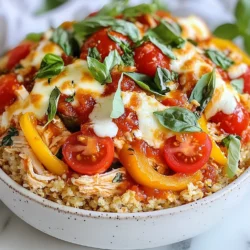 - Cauliflower rice (2 cups, fresh or frozen) - Cooked chicken breast (1 cup, shredded) - Marinara sauce (1 cup) - Diced bell peppers (1 cup, red and green) - Cherry tomatoes (1 cup, halved) - Shredded mozzarella cheese (1 cup) - Italian seasoning (1 teaspoon) - Garlic powder (1 teaspoon) - Salt and pepper (to taste) - Fresh basil leaves (for garnish) Gathering the right ingredients is key to a great Pizza Bowl Supreme. Start with cauliflower rice. You can use fresh or frozen. This gives the bowl a nice, healthy base. Next, grab some cooked chicken breast. Shredded chicken adds protein and flavor. Marinara sauce is your next item. It brings in that classic pizza taste. Now, it's time for some color! You need diced bell peppers. Red and green peppers add crunch and sweetness. Don't forget the cherry tomatoes. Halve them for bite-sized pieces. You’ll also need shredded mozzarella cheese for that gooey, cheesy goodness. Add Italian seasoning and garlic powder for the perfect kick. These give your bowl depth and warmth. Finally, season with salt and pepper to taste. Fresh basil leaves make a lovely garnish. They add a pop of color and fresh flavor. With this complete ingredient list, you’re ready to create a tasty and satisfying Pizza Bowl Supreme! {{ingredient_image_1}} Preheating the Oven Start by preheating your oven to 375°F (190°C). This step is key for a crispy bowl. Mixing the Cauliflower Rice Mixture In a large mixing bowl, combine 2 cups of cauliflower rice, 1 teaspoon of garlic powder, 1 teaspoon of Italian seasoning, and salt and pepper. Mix well to blend all the flavors. Forming the Cauliflower Bowl Grease a large oven-safe bowl or baking dish with a little olive oil. Take your cauliflower mixture and press it into the bottom and up the sides to shape a bowl. Make sure it is even and firm. Baking the Cauliflower Bowl Place the bowl in the oven and bake for about 15-20 minutes. Look for a slightly golden color and a firm texture. Mixing the Chicken and Marinara While your bowl bakes, take 1 cup of shredded chicken breast and mix it with half of the 1 cup of marinara sauce. This will keep the chicken moist and flavorful. Layering Ingredients Once the cauliflower bowl is ready, remove it from the oven. Spread the remaining marinara sauce on the bottom. Next, layer the chicken mixture over the sauce. Then, add 1 cup of diced bell peppers and 1 cup of halved cherry tomatoes evenly. Adding Cheese and Final Bake Top your layered bowl with 1 cup of shredded mozzarella cheese. Return it to the oven and bake for an extra 10-15 minutes. Wait for the cheese to melt and bubble. Garnishing the Pizza Bowl After baking, take it out and let it cool for a few minutes. Finally, garnish with fresh basil leaves. This gives your Pizza Bowl Supreme a bright finish. To get the best texture for your cauliflower bowl, start with fresh or frozen cauliflower rice. If using frozen, thaw it completely and drain excess water. This helps avoid a soggy base. Mix the rice with garlic powder, Italian seasoning, salt, and pepper. Taste the mixture; adjust seasonings to fit your flavor. You want a nice balance that pops in every bite. Cheese can change the whole flavor of your dish. Try classic mozzarella for a gooey texture. For a sharp taste, use provolone or cheddar. If you want it dairy-free, swap mozzarella with cashew cheese or almond-based cheese. These options melt well and still taste great. Pair your pizza bowl with a crisp salad or garlic bread. A side of roasted veggies adds color and flavor. Serve the pizza bowl warm for the best experience. Let it cool slightly before serving to avoid burning your mouth. Garnish with fresh basil leaves for a pop of color and taste. Pro Tips Prepping Cauliflower Rice: If using fresh cauliflower, pulse it in a food processor until it resembles rice. This ensures even cooking and a better texture in your pizza bowl. Customize Your Toppings: Feel free to add your favorite vegetables or proteins. Spinach, olives, or pepperoni can elevate the flavor profile to your liking. Cheese Variations: For a different twist, try mixing mozzarella with other cheeses like parmesan or provolone to enhance the flavor of your pizza bowl. Storing Leftovers: If you have leftovers, store them in an airtight container in the fridge for up to 3 days. Reheat in the oven for the best texture. {{image_2}} You can make a veggie version of the Pizza Bowl Supreme. This is great for plant lovers. - Adding More Vegetables: You can add spinach, mushrooms, or zucchini. These veggies boost flavor and nutrition. Just chop them up and layer them with the other ingredients. - Gluten-Free Alternatives: Cauliflower rice is gluten-free, making it a perfect base. You can also use gluten-free marinara sauce. This way, everyone can enjoy it. For those who love meat, a meat lover's variation is a must-try. - Different Protein Options: You can swap chicken for ground beef or sausage. Cook the meat first, then mix it with marinara sauce. This makes the bowl heartier and full of flavor. - Flavor Enhancements: Add spices like smoked paprika or cayenne pepper. These spices really amp up the taste. You can even mix in some pepperoni slices for that classic pizza flavor. If you like a kick, then the spicy version is for you. - Incorporating Jalapeños: Slice fresh jalapeños and add them on top of the cheese. You can also use pickled jalapeños for a tangy twist. - Using Spicy Sauces: Instead of regular marinara, try a spicy marinara or hot sauce. This will give your Pizza Bowl a nice heat that fans of spice will love. To keep your Pizza Bowl Supreme fresh, follow these steps: - Refrigeration Tips: Place leftover pizza in an airtight container. It stays good for 3 to 4 days in the fridge. Make sure to cool it down first before sealing. This helps avoid condensation, which can make it soggy. - Freezing Instructions: For longer storage, freeze your pizza bowl. Wrap it tightly in plastic wrap, then in foil. This keeps it fresh for up to 3 months. Label the package with the date to track how long it’s been in the freezer. To enjoy your pizza bowl again, reheating is key: - Best Methods for Maintaining Texture: The oven is the best way to reheat. Preheat it to 350°F (175°C). Place the pizza bowl on a baking sheet and cover it with foil. Heat for about 15-20 minutes. This keeps the crust crisp and the cheese melty. - Safety Tips: Always check the internal temperature. It should reach 165°F (74°C) to ensure it’s safe to eat. If using a microwave, heat in 30-second bursts, stirring in between to heat evenly. A Pizza Bowl Supreme is a fun twist on pizza. It uses a bowl made of cauliflower rice instead of dough. This bowl is filled with tasty goodies. You layer shredded chicken, marinara sauce, veggies, and cheese inside. Then, you bake it until it’s hot and bubbly. It’s a healthy and satisfying meal that looks great too! You can easily change your Pizza Bowl to fit your taste. Here are some ideas: - Veggies: Add spinach, onions, or mushrooms. - Proteins: Swap chicken for turkey, beef, or even tofu. - Sauces: Try pesto or barbecue sauce instead of marinara. - Cheese: Use cheddar, feta, or vegan cheese for different flavors. These swaps let you create a dish you really love. A Pizza Bowl Supreme lasts about 3 to 4 days in the fridge. Make sure to store it in an airtight container. This keeps it fresh and safe to eat. If you want to save it longer, consider freezing it. Just remember to cool it first before freezing. Yes, you can prepare your Pizza Bowl ahead of time. Here’s how: - Prep the cauliflower bowl and bake it. - Add the chicken and veggies but skip the final baking. - Cover and store in the fridge for up to 2 days. When ready, just add cheese and bake it. This saves time and keeps it fresh! This blog post covered a delicious pizza bowl using cauliflower rice. We discussed all the ingredients needed, from chicken to cheese. You learned step-by-step how to prepare and bake it. We also provided tips for making the perfect bowl and different variations to try. Remember, this dish is flexible and can fit any taste. Enjoy your cooking and feel free to customize your pizza bowl!